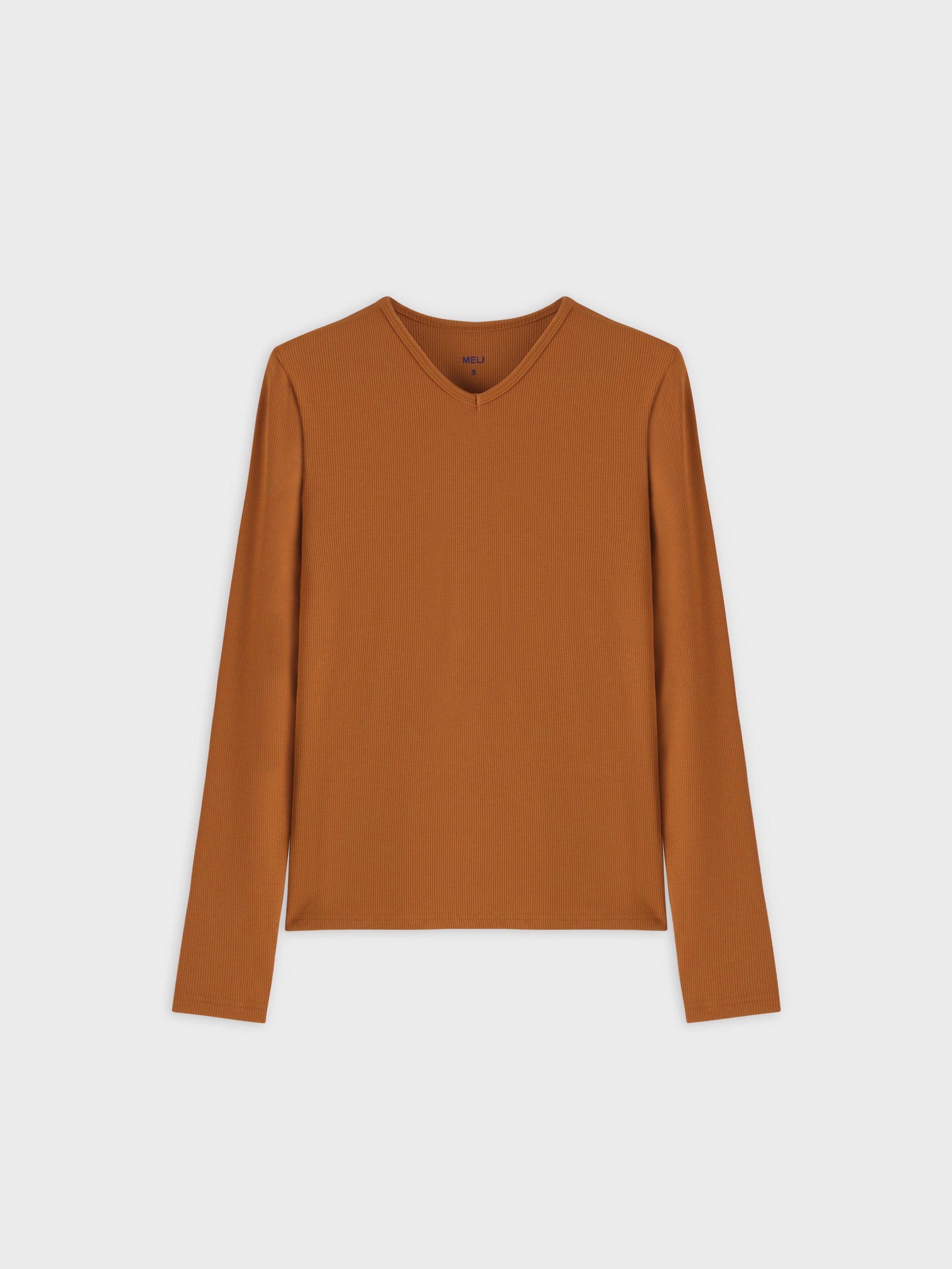 Camiseta acanalada en V alto LS-Cognac
