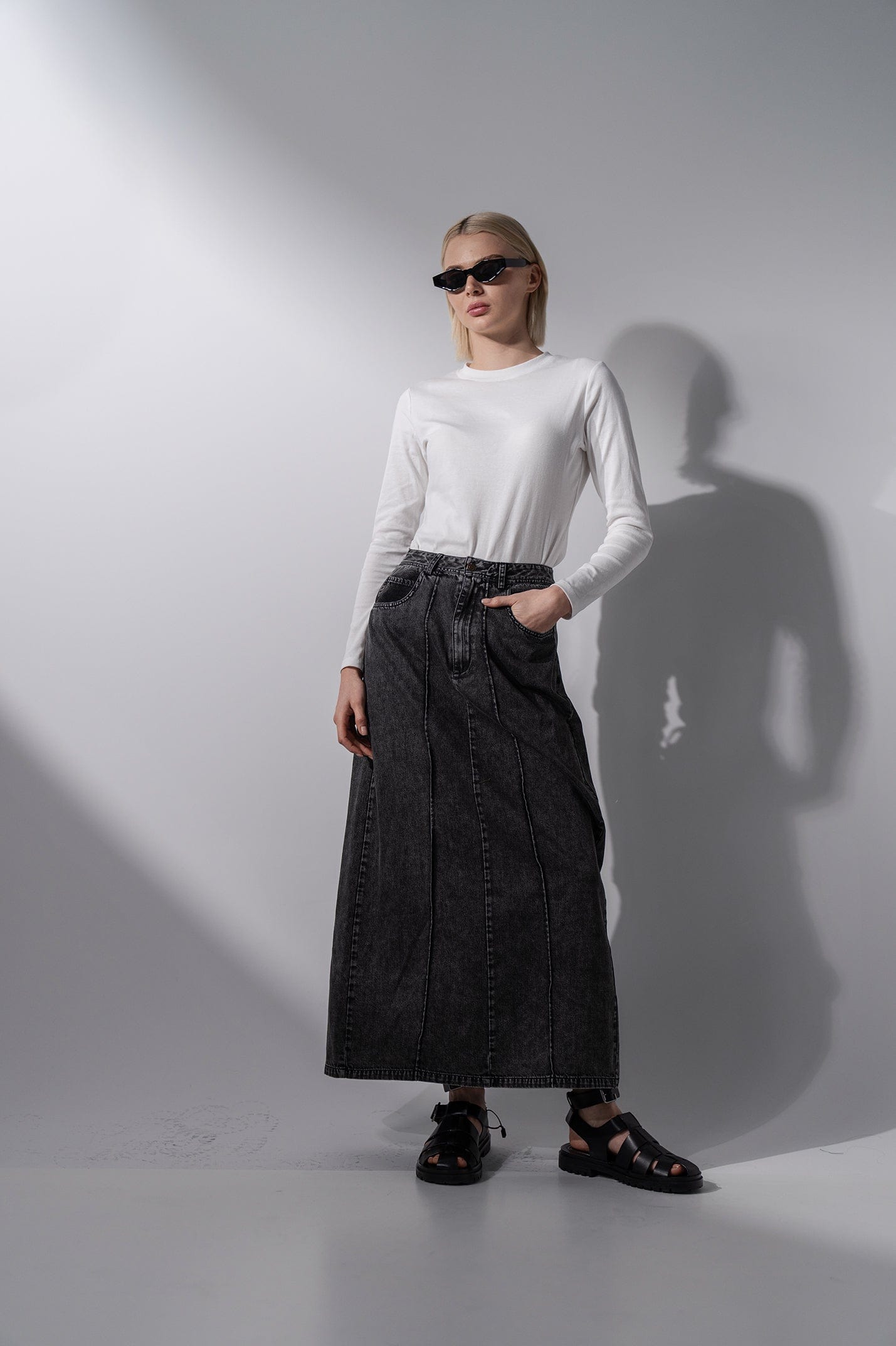 Denim Seamed Skirt-Black