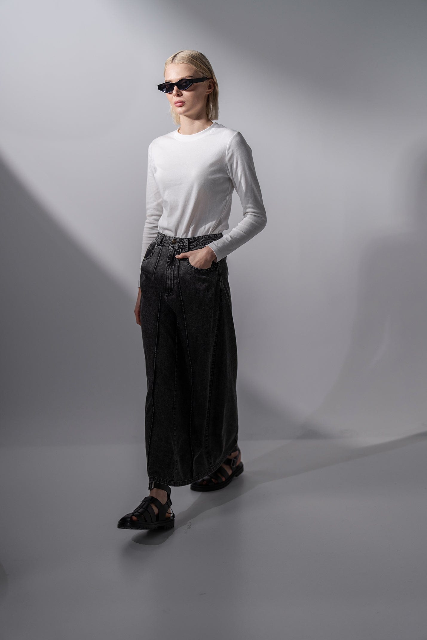 Denim Seamed Skirt-Black