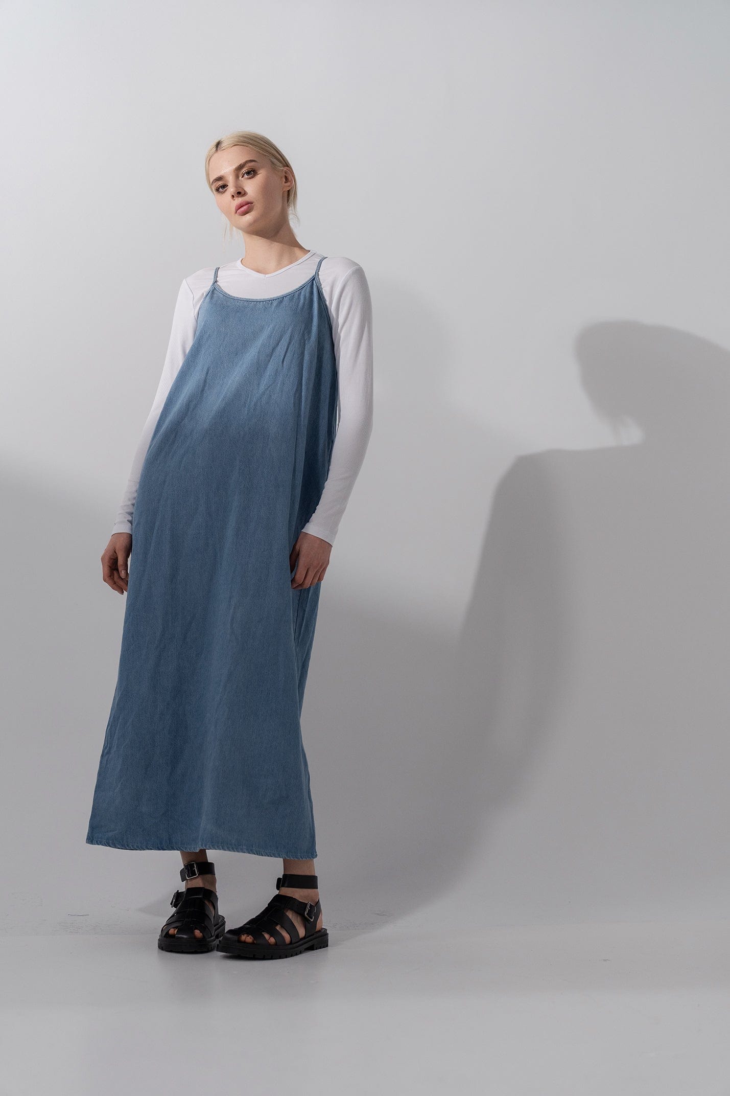 Solid Crew Neck Slip Dress Light Blue Denim Fame on Central