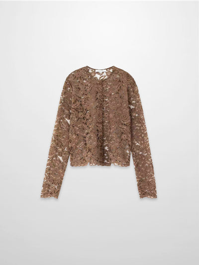 Lace Button Down Cardigan Top-Brown