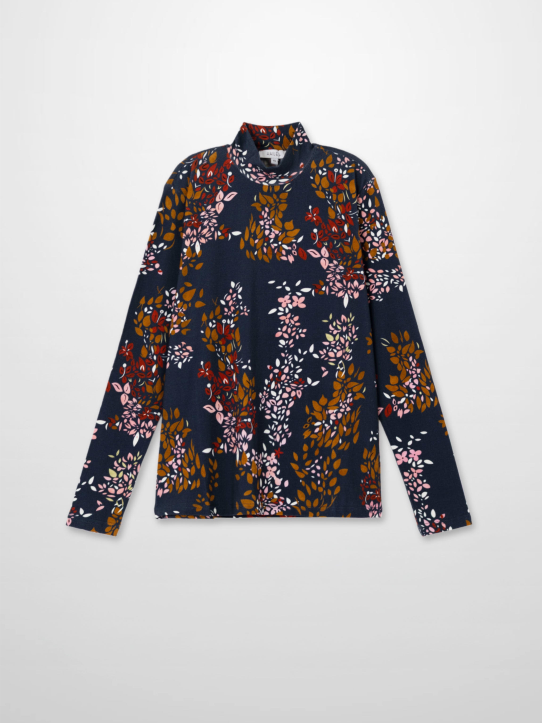 Boxy Printed Modal Turtleneck-Navy Leaf