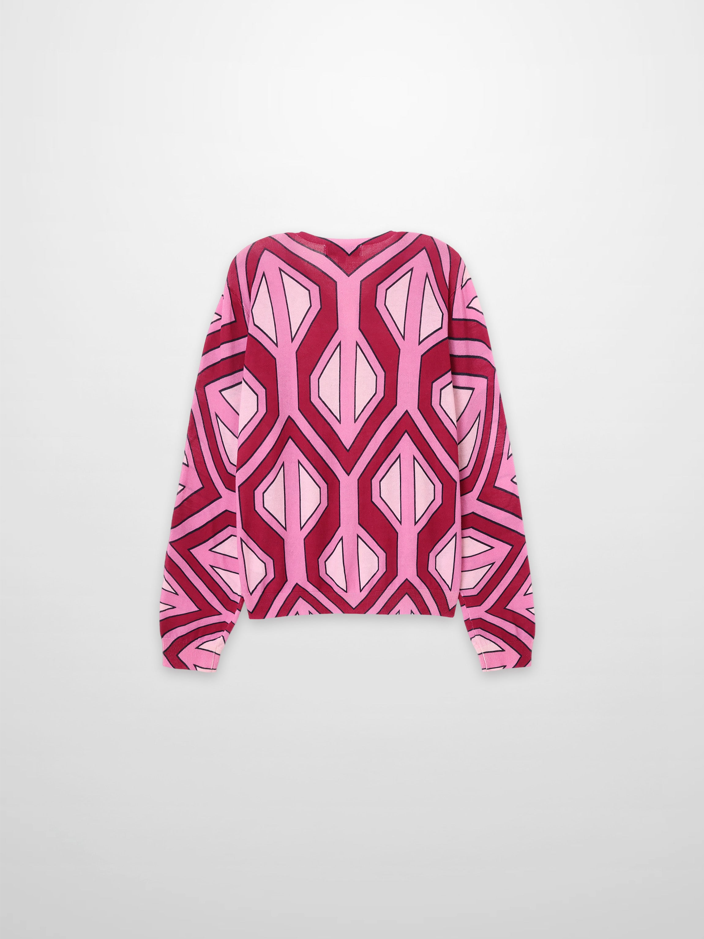 Printed Thin Button-Down Crew Cardigan-Pink Geometric