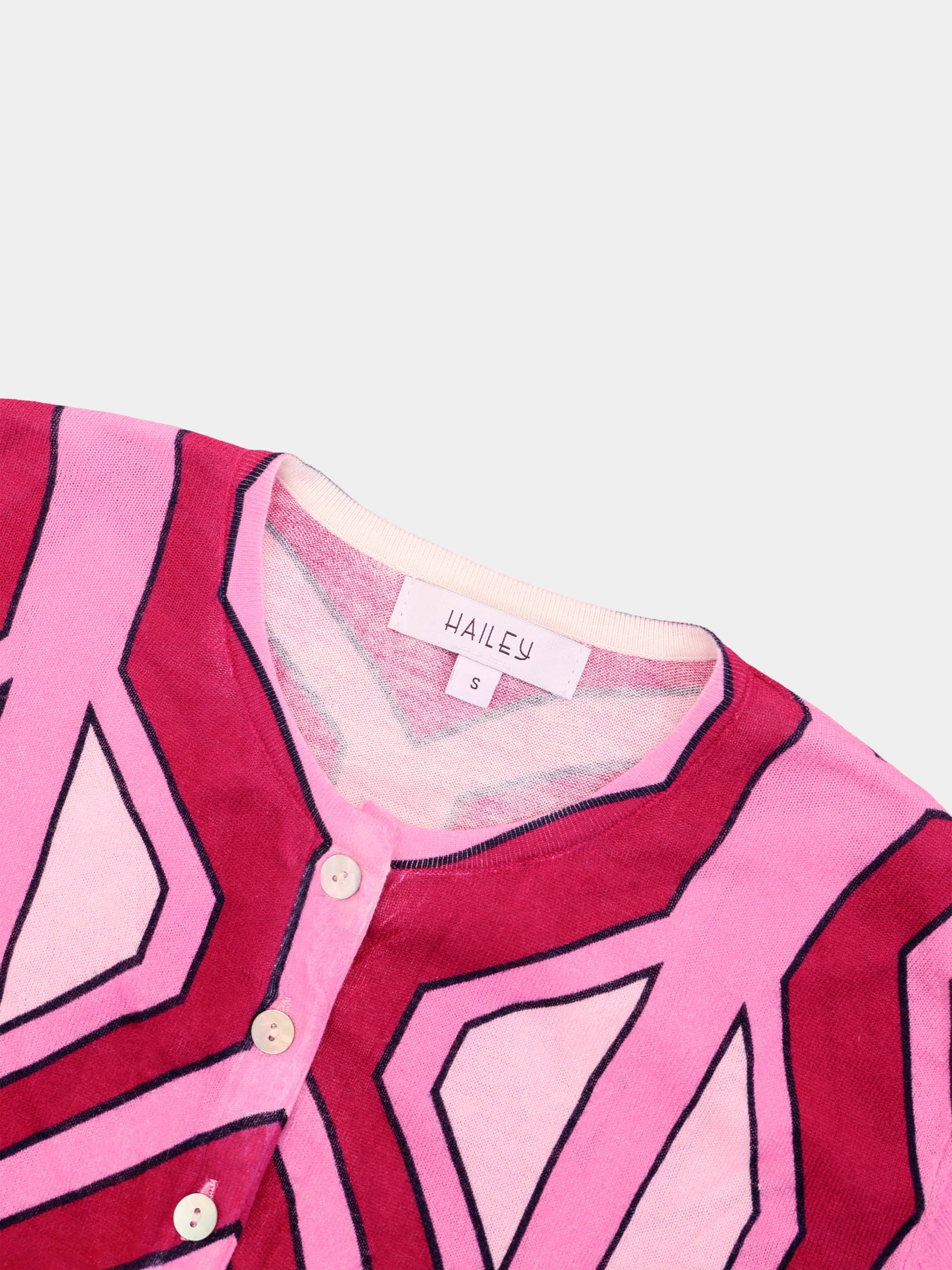 Printed Thin Button-Down Crew Cardigan-Pink Geometric