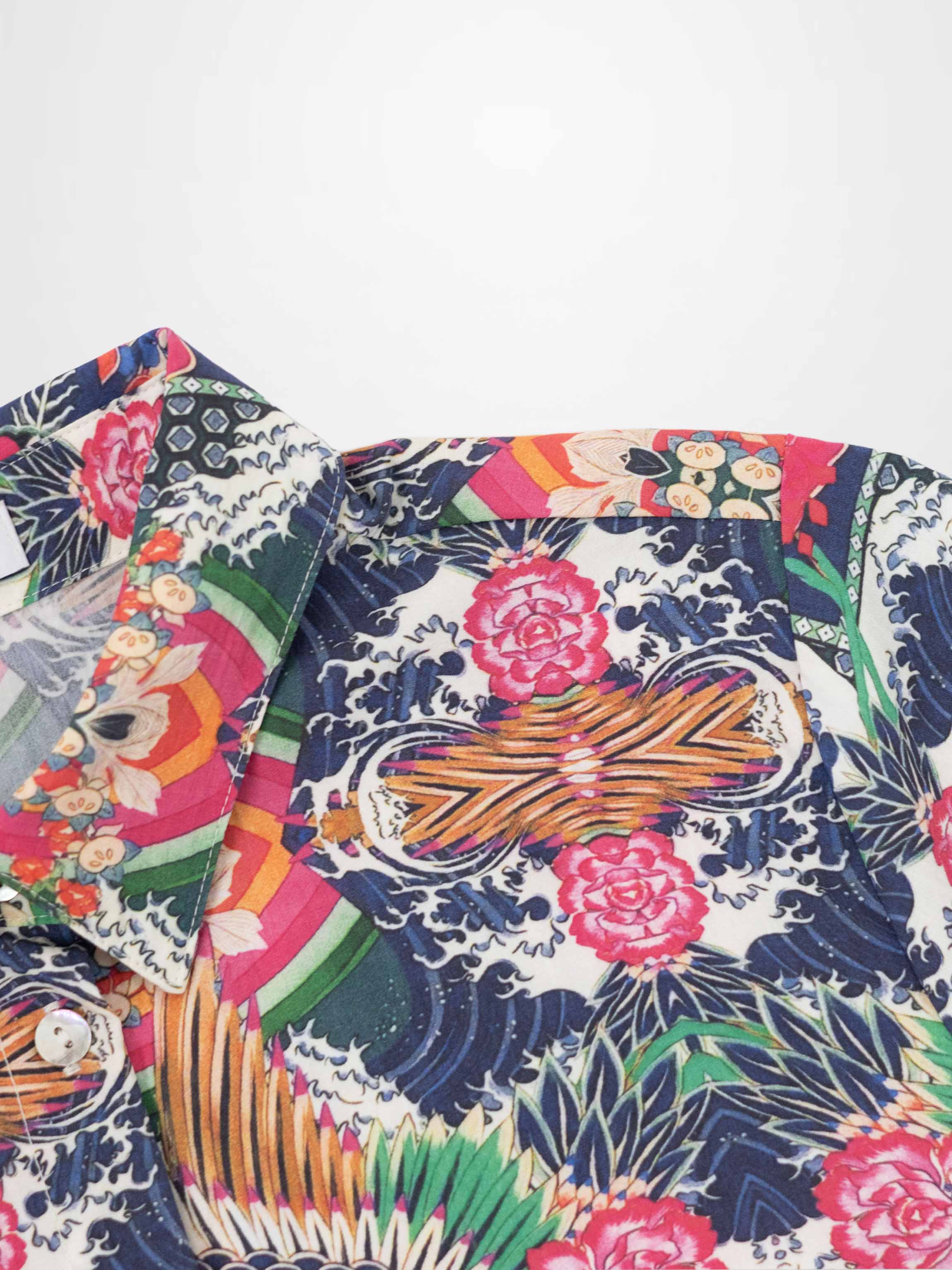 Printed Crinkle Button Down Blouse-Mosaic