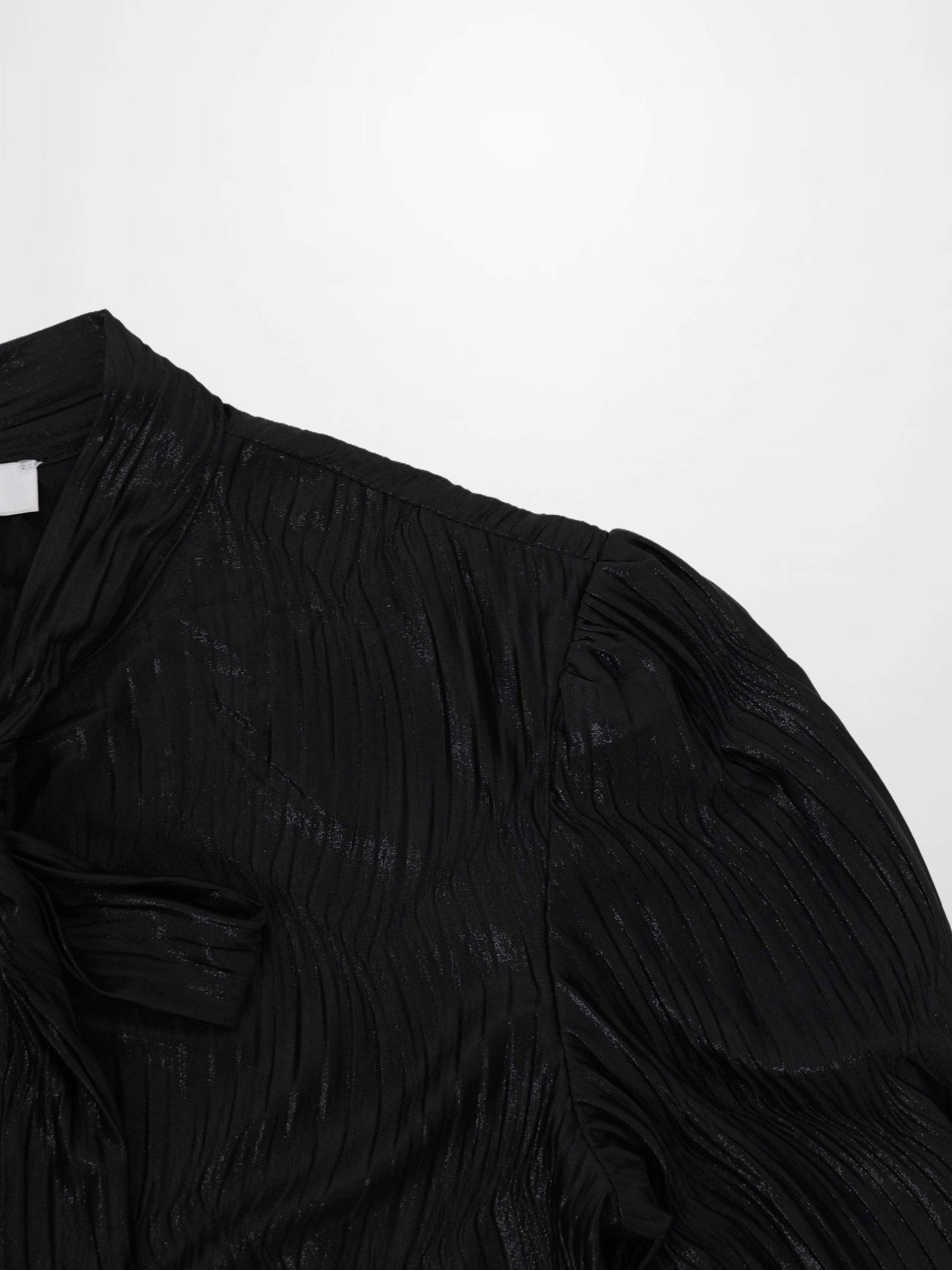 Shimmer Texture Bow Blouse-Black/Black