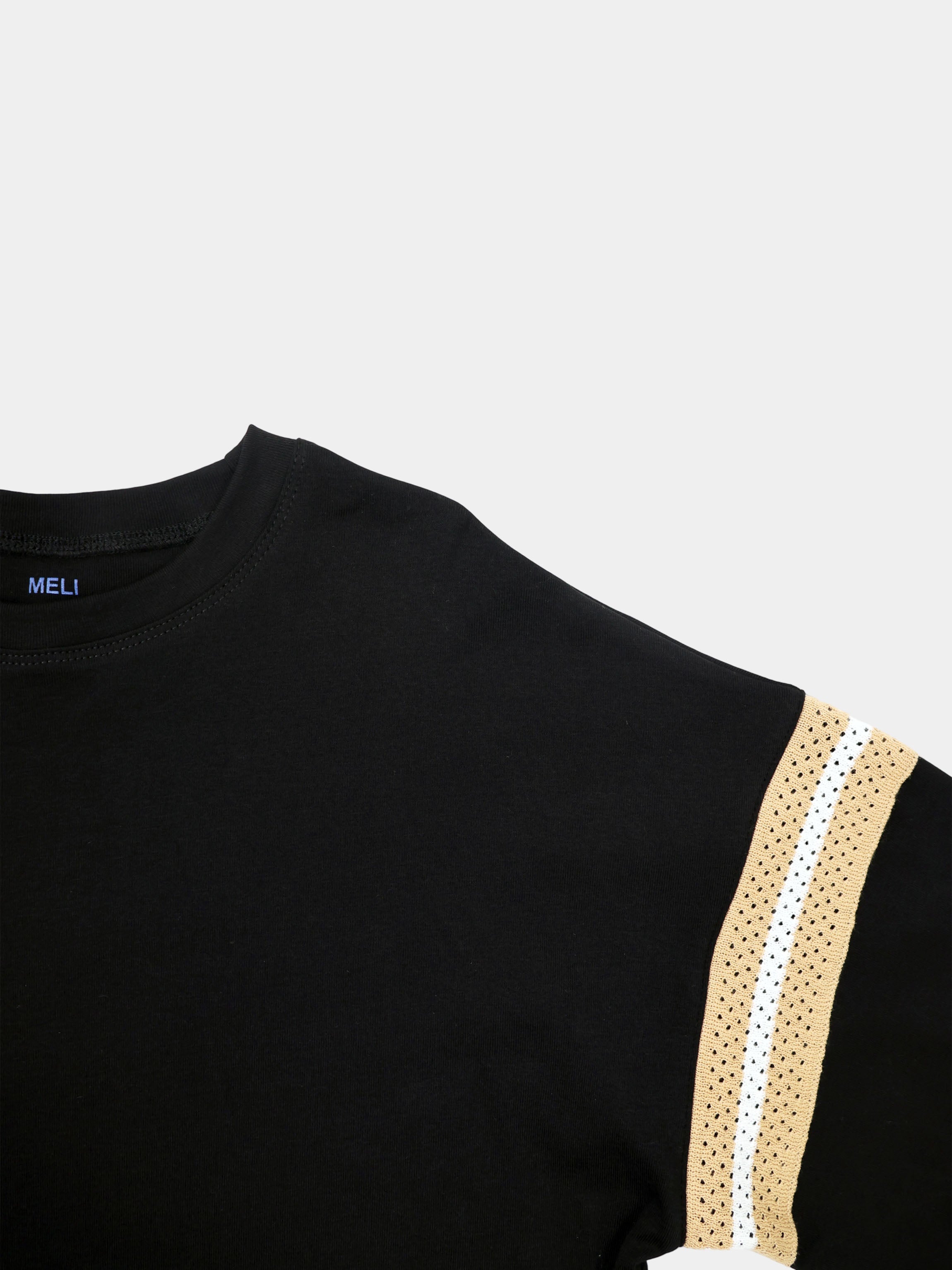 Crochet Stripe Boxy Tee-Black/Tan/White