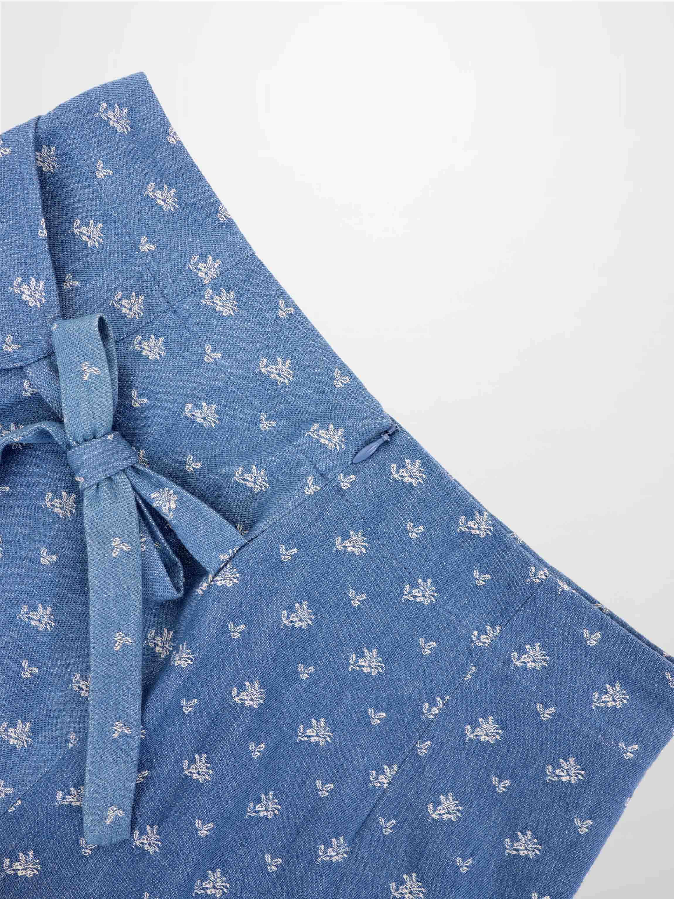 Mock Wrap Edged Detail Skirt-Blue Floral