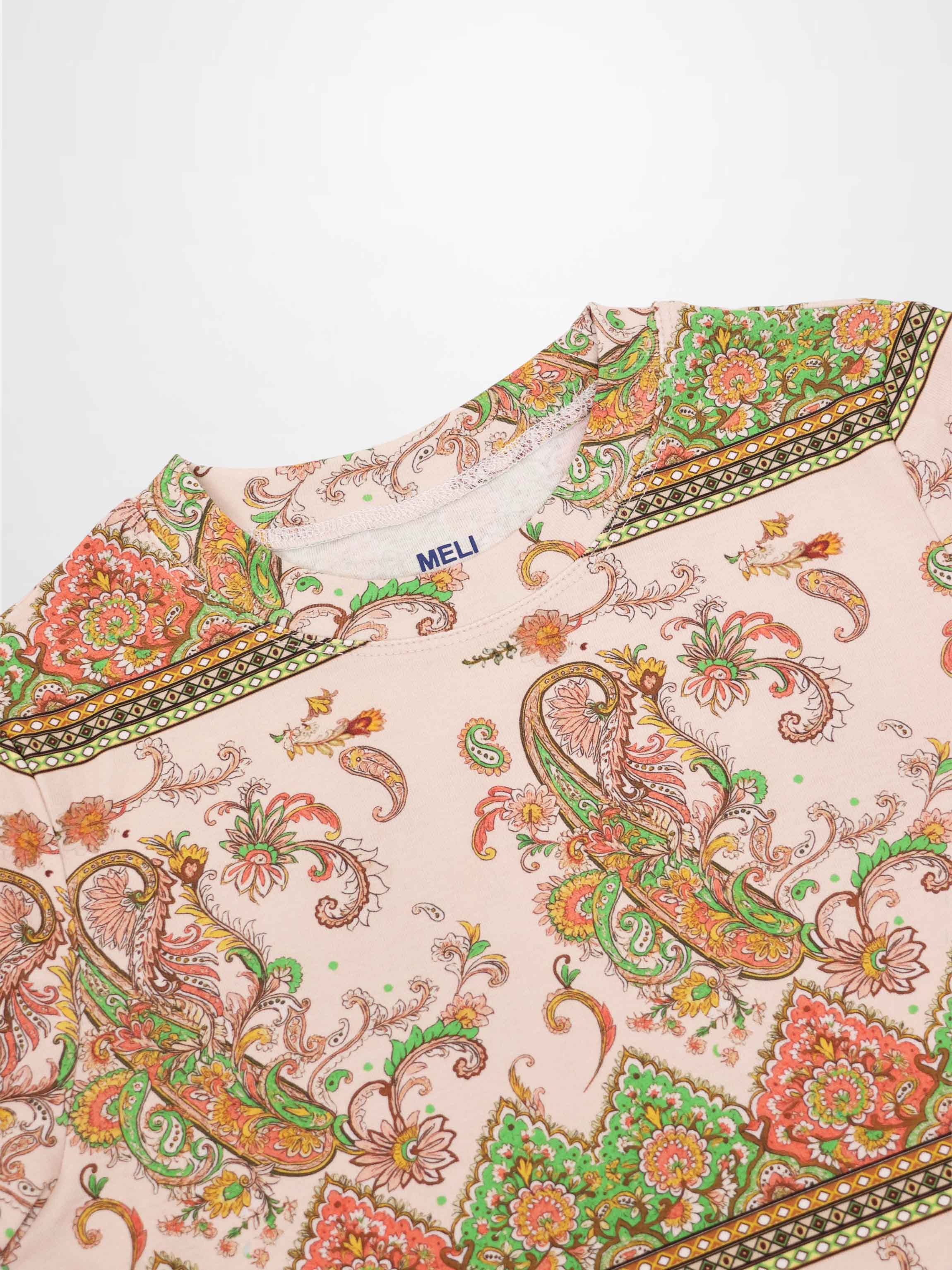 Basic Printed T-shirt-Pink Green Paisley