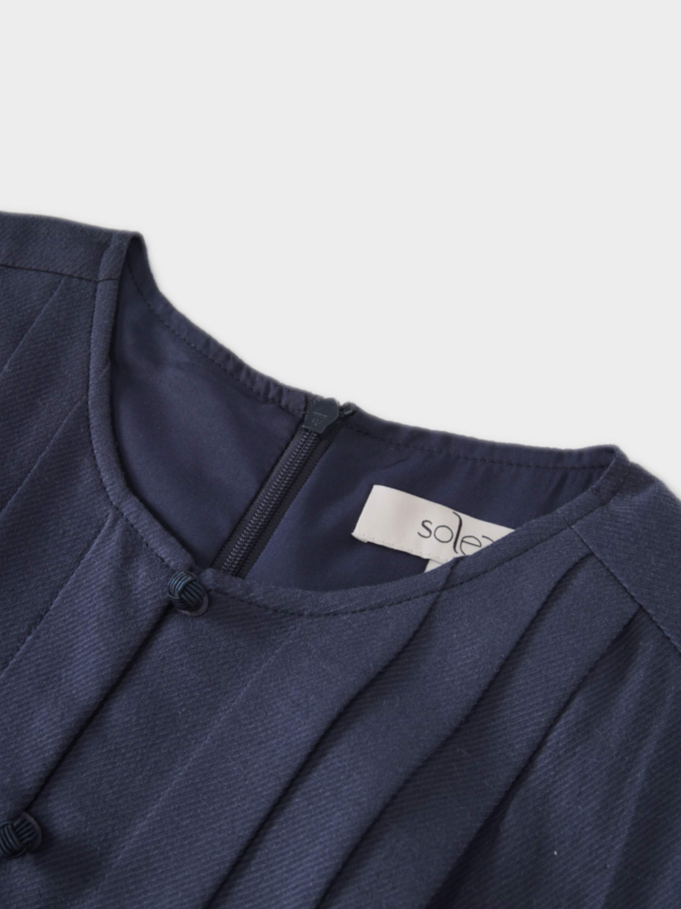 Pleat Top Silk/Linen Blend Dress-Navy