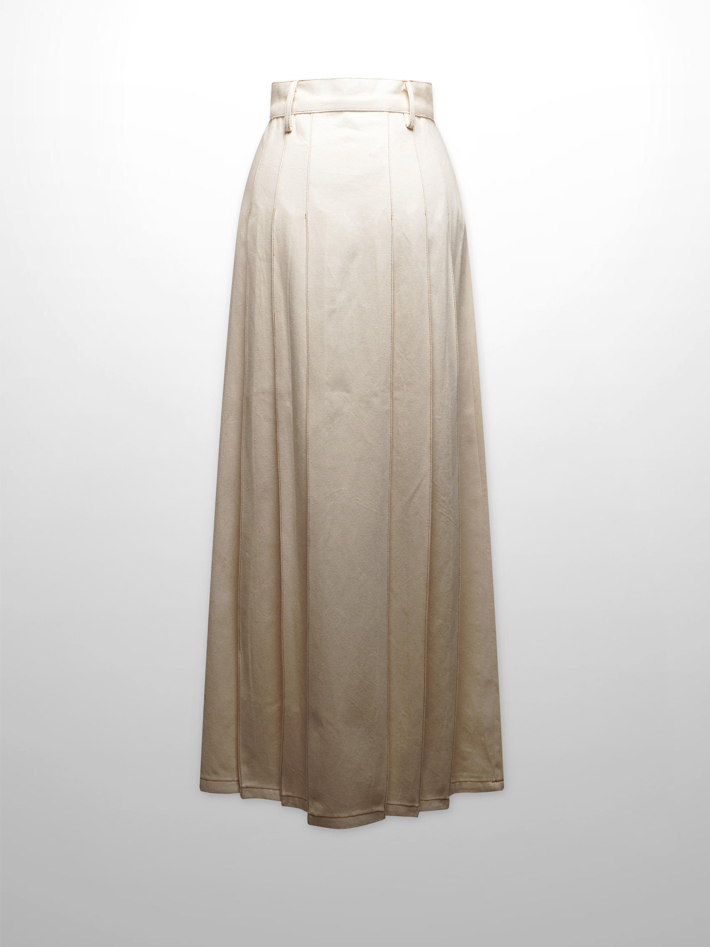 Stitched Pleated Denim Skirt-Cream