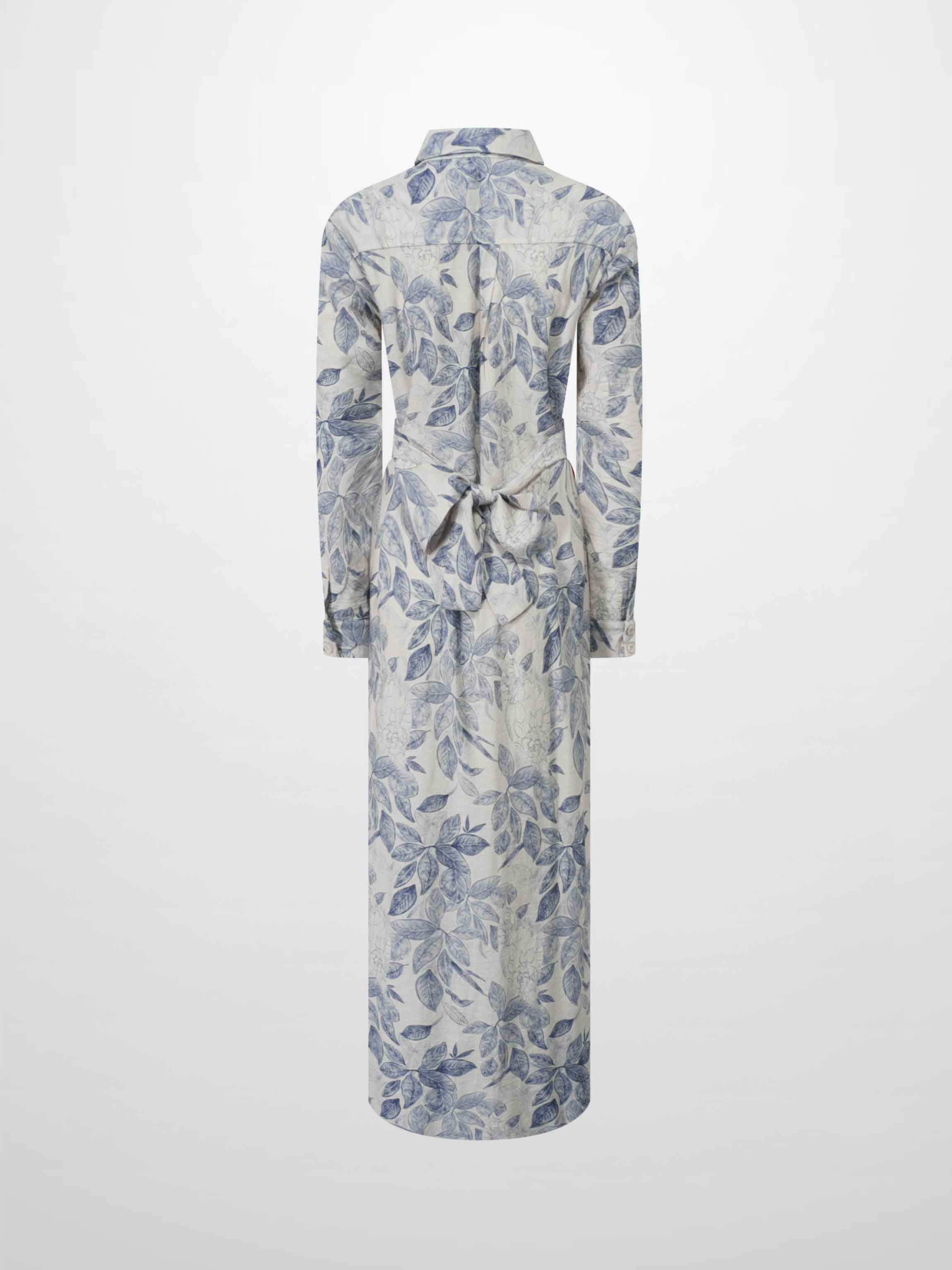 Long Button Down Shirtdress-Blue Leaves