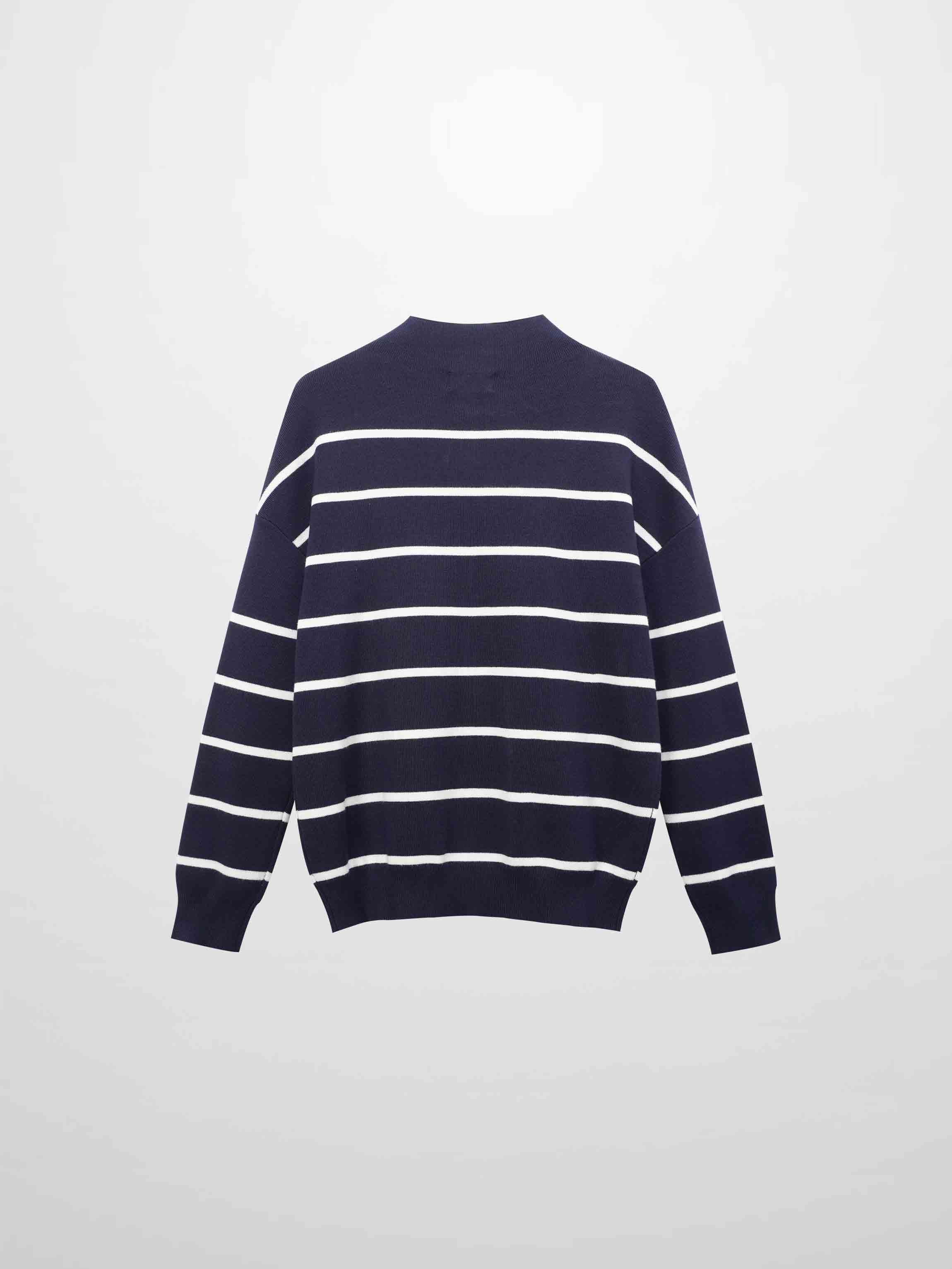 Mock Neck Thin Knit Sweater-Navy/Cream