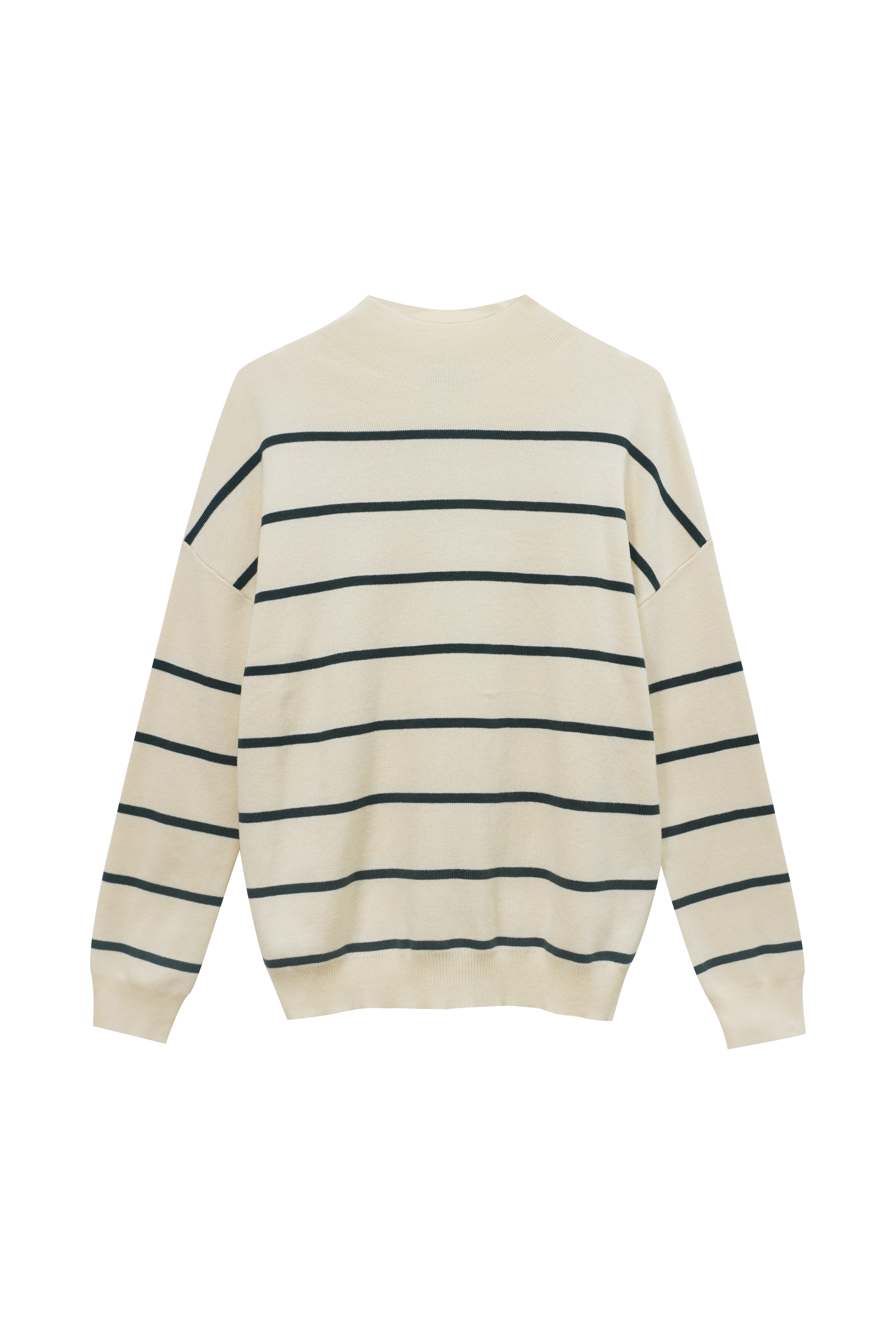 Mock Neck Thin Knit Sweater-Cream/Green