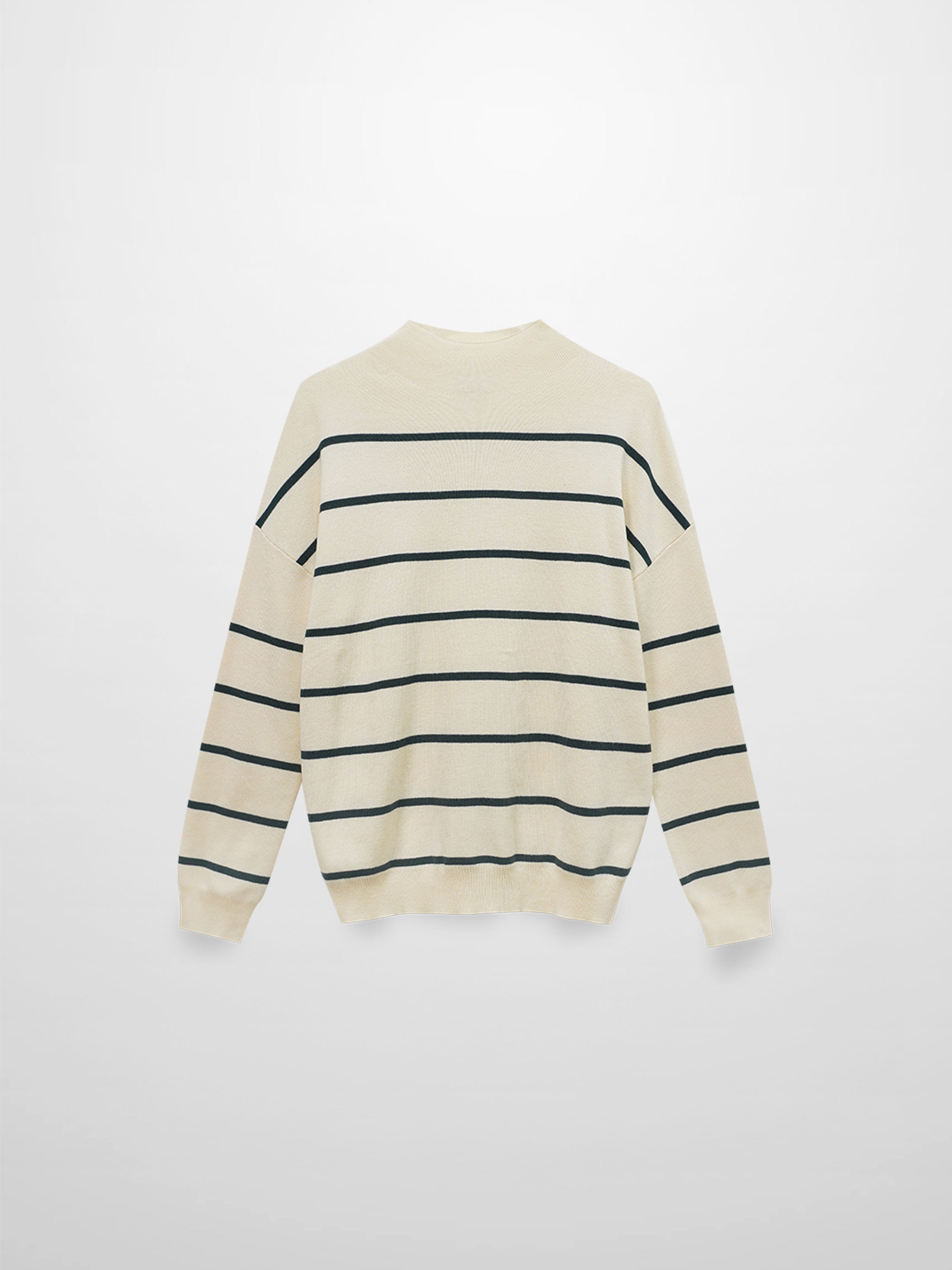 Mock Neck Thin Knit Sweater-Cream/Green
