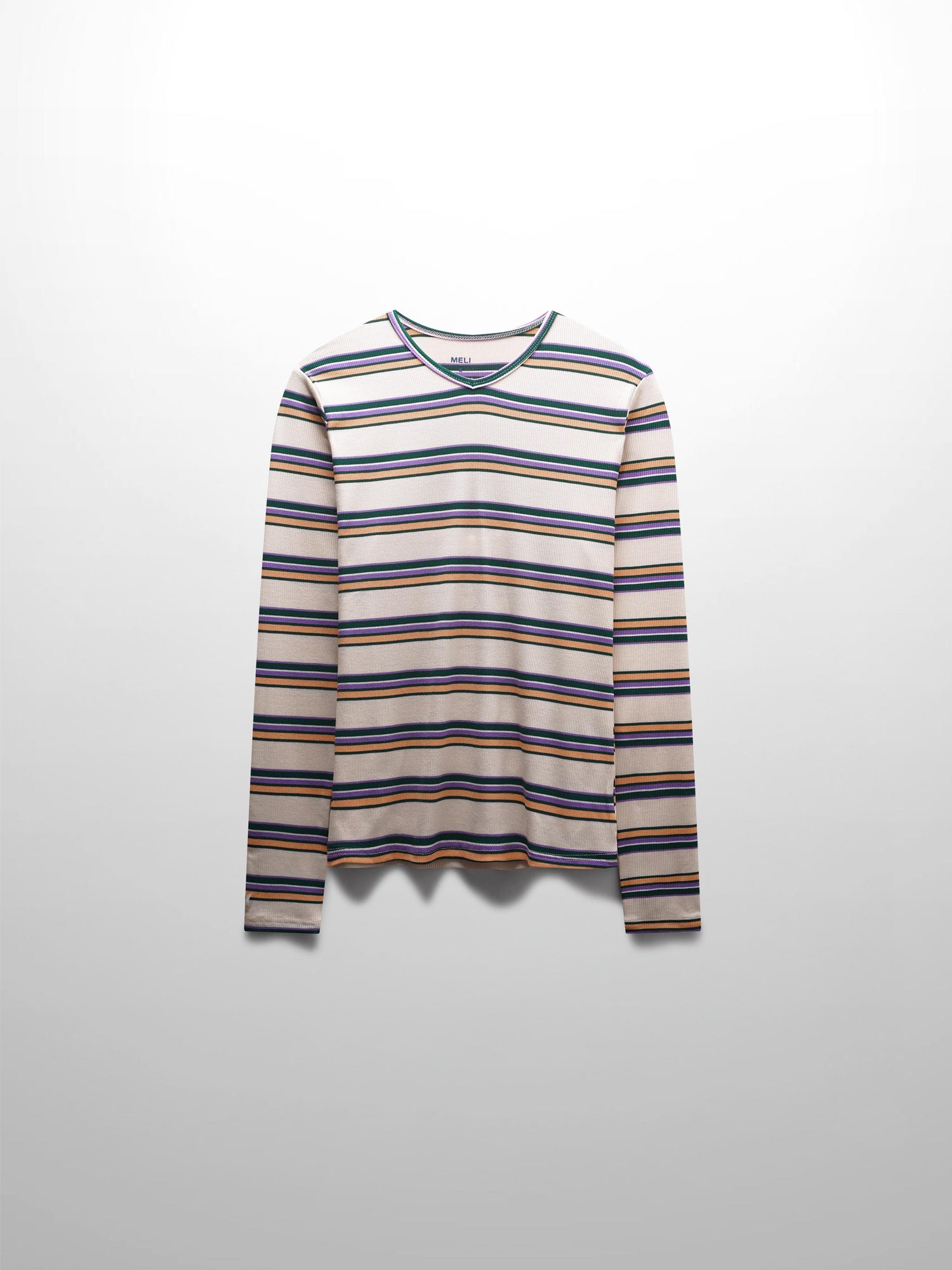 Ribbed Striped High V Tee Long Sleeve-Peach/Green