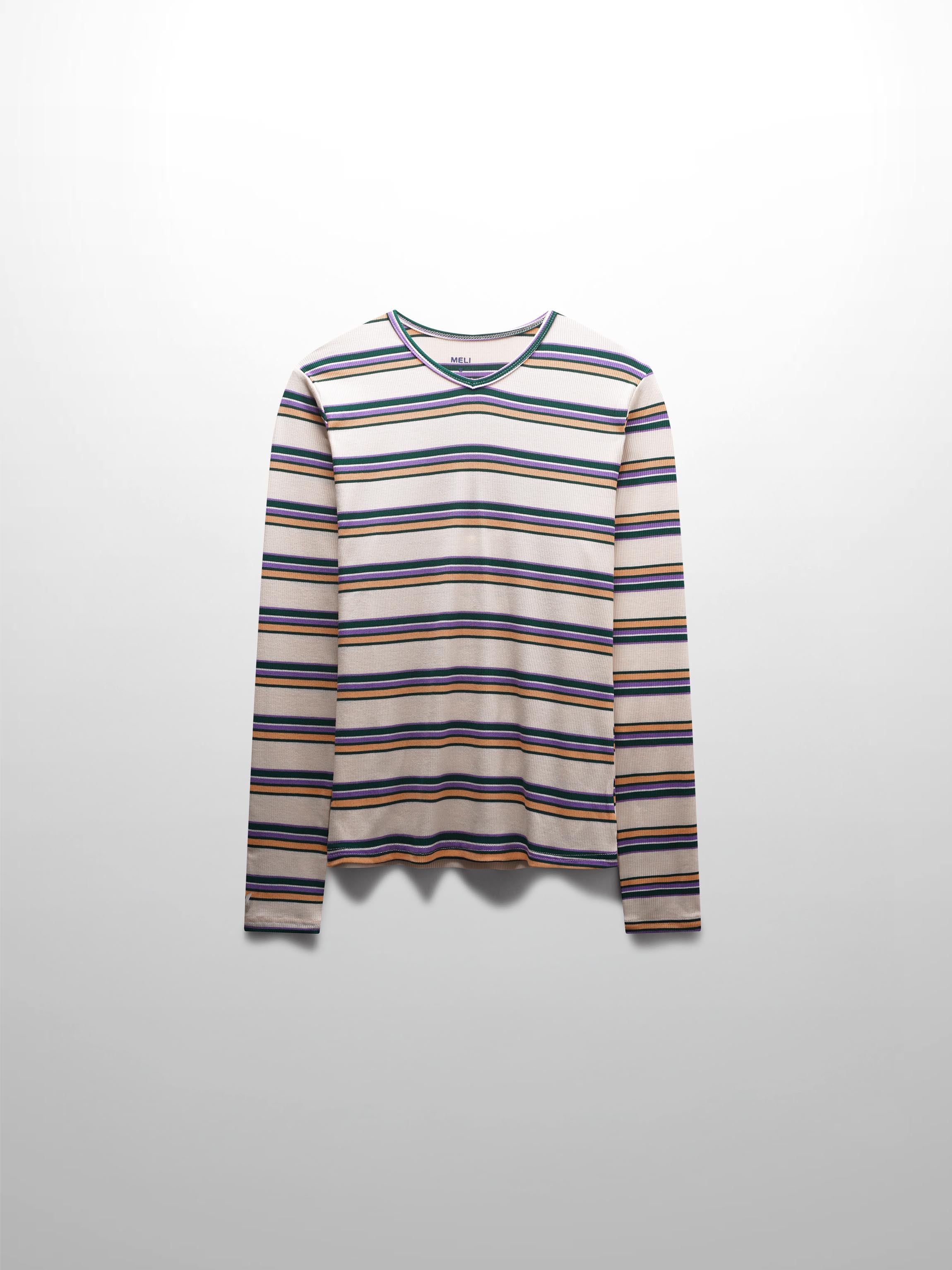 Ribbed Striped High V Tee Long Sleeve-Peach/Green