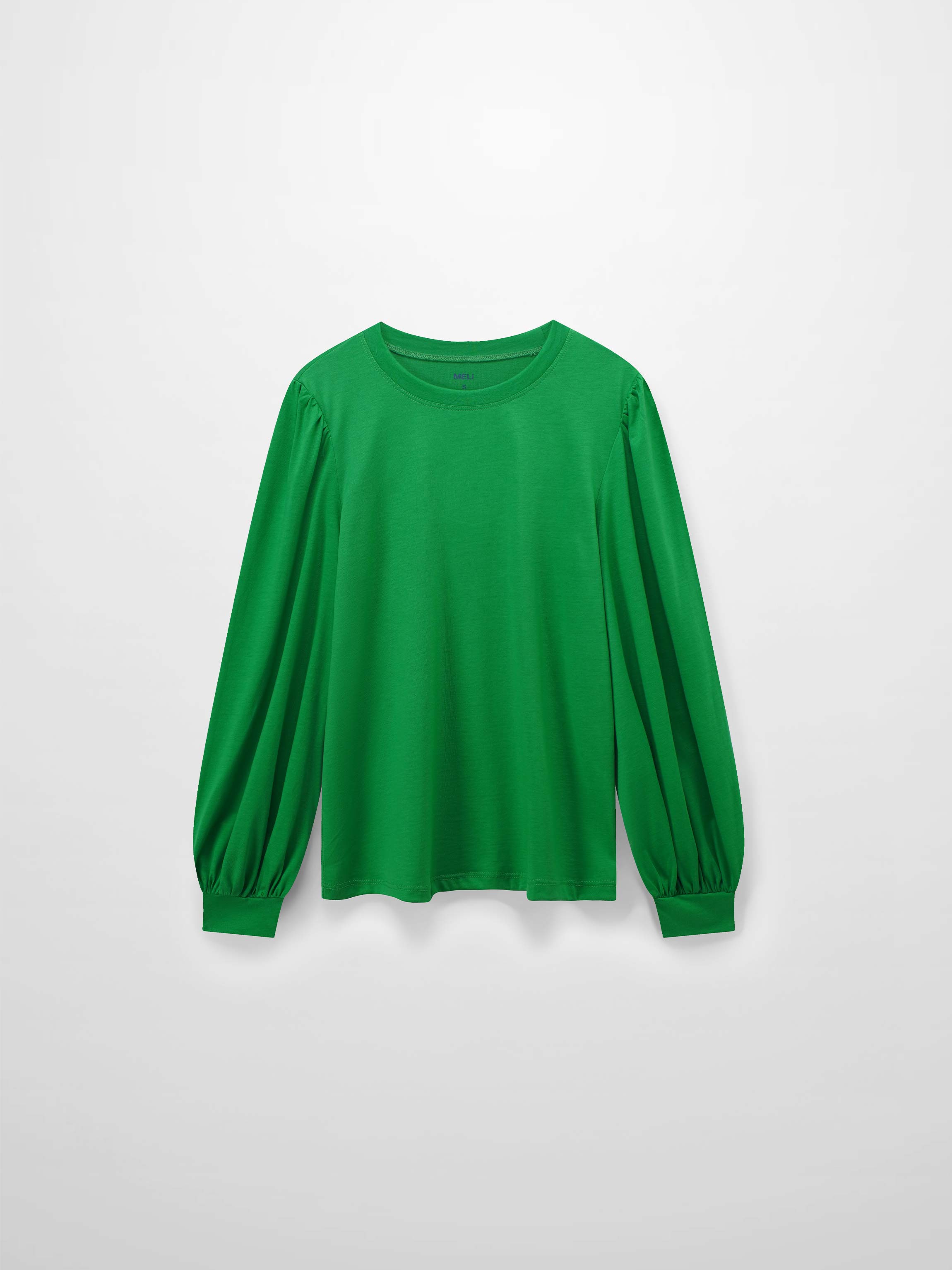 A full, front view of the vibrant green, long-sleeved shirt. It shows the puffed shoulders and voluminous sleeves that gather into fitted cuffs.