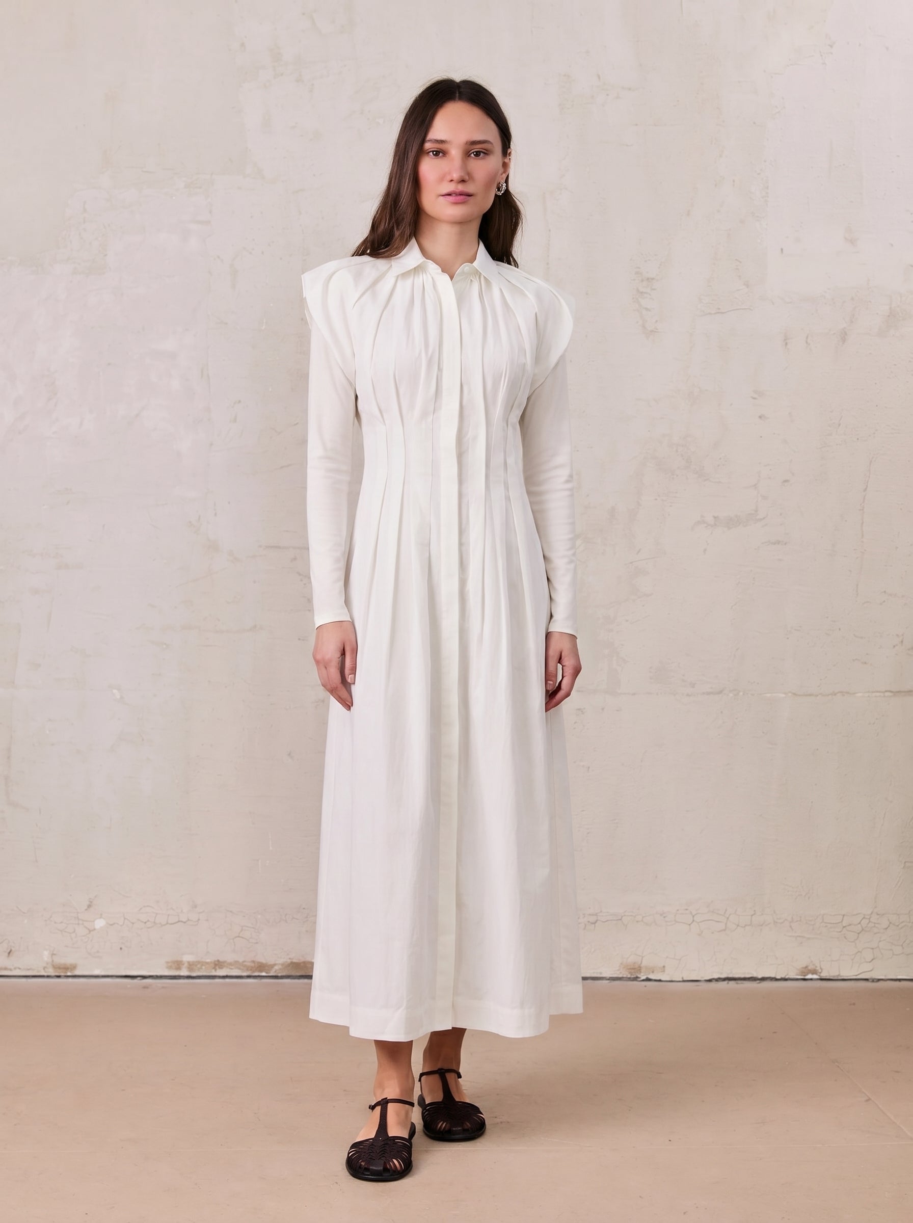 Pleat Front Button Down Dress-White