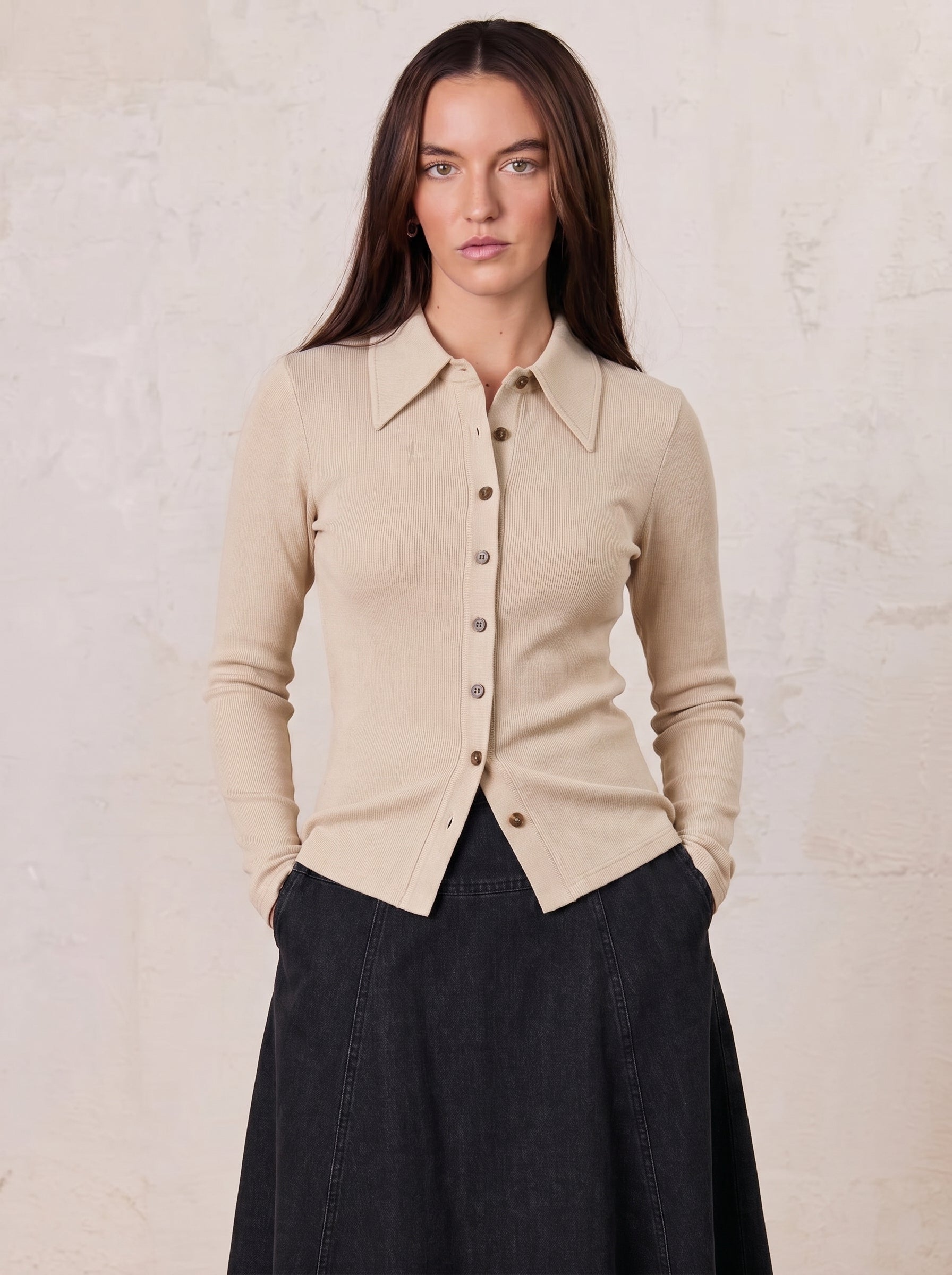Ribbed Button Down Shirt-Taupe