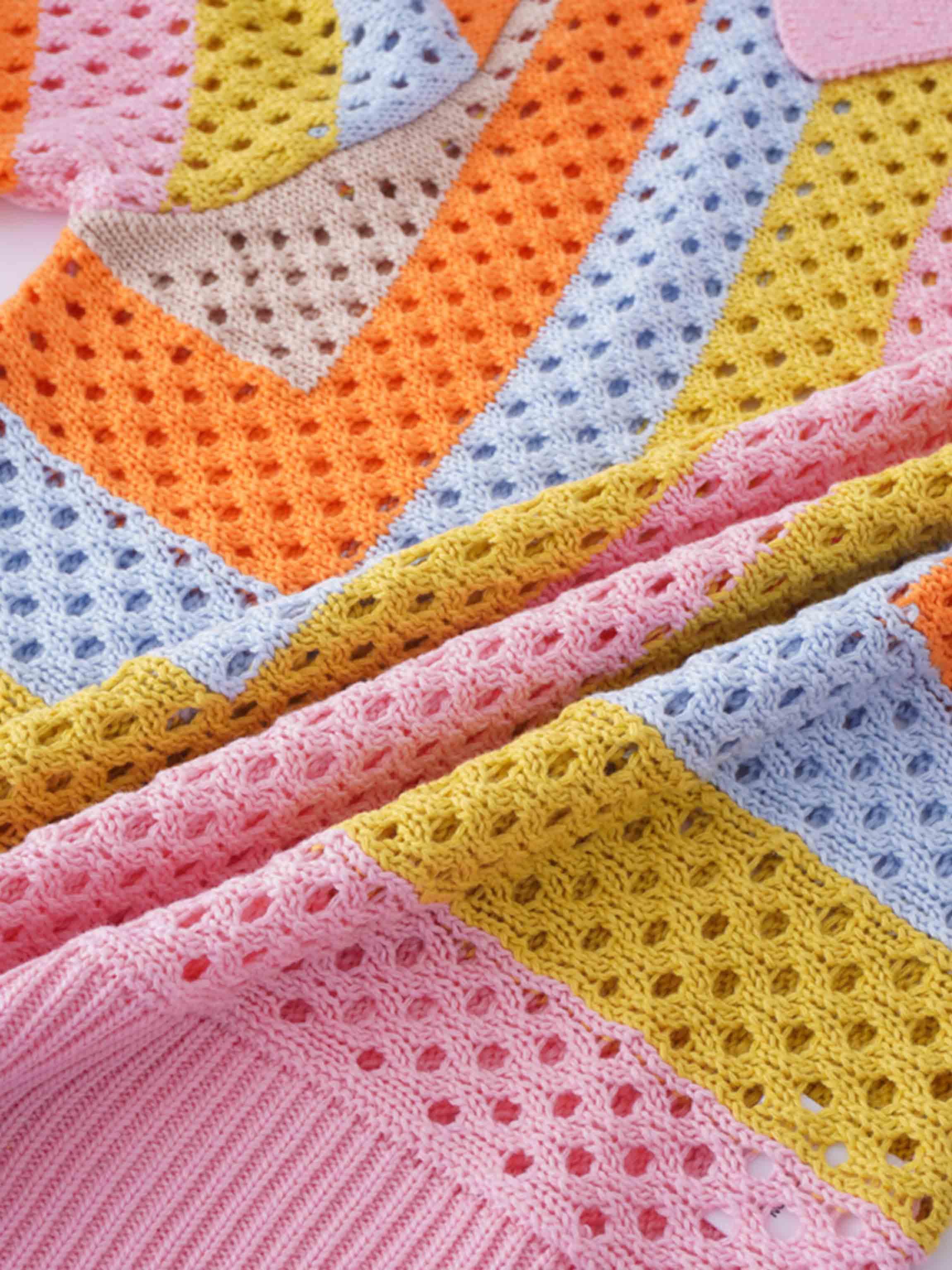 Mesh Striped Polo Sweater-Pink