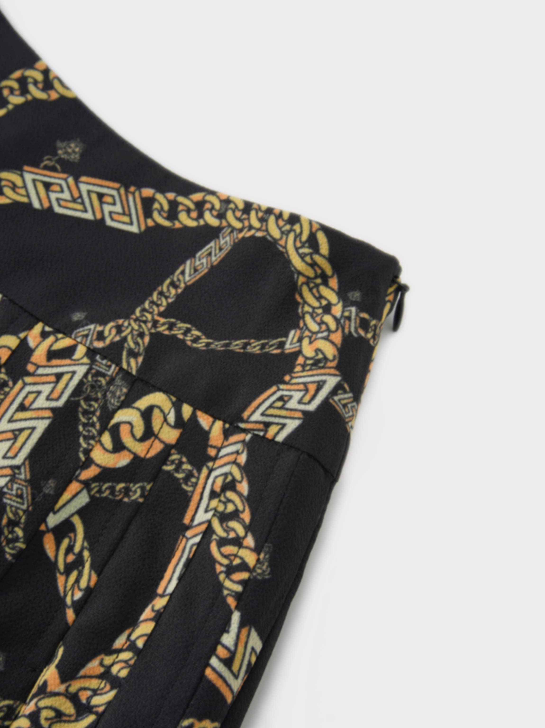 Print Yoke Pleated Skirt-Gold Chains
