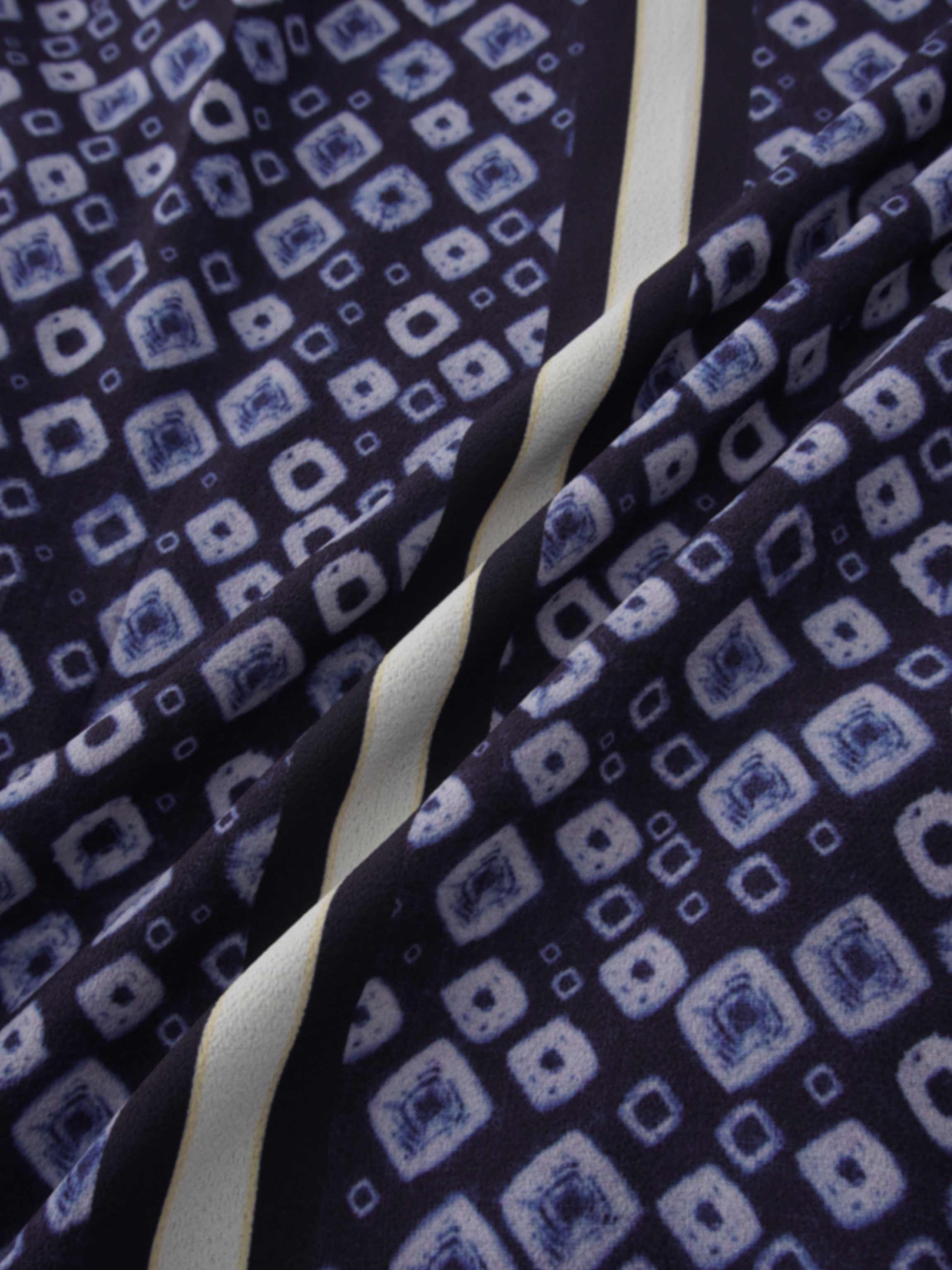 Print Yoke Pleated Skirt-Blue Geometric