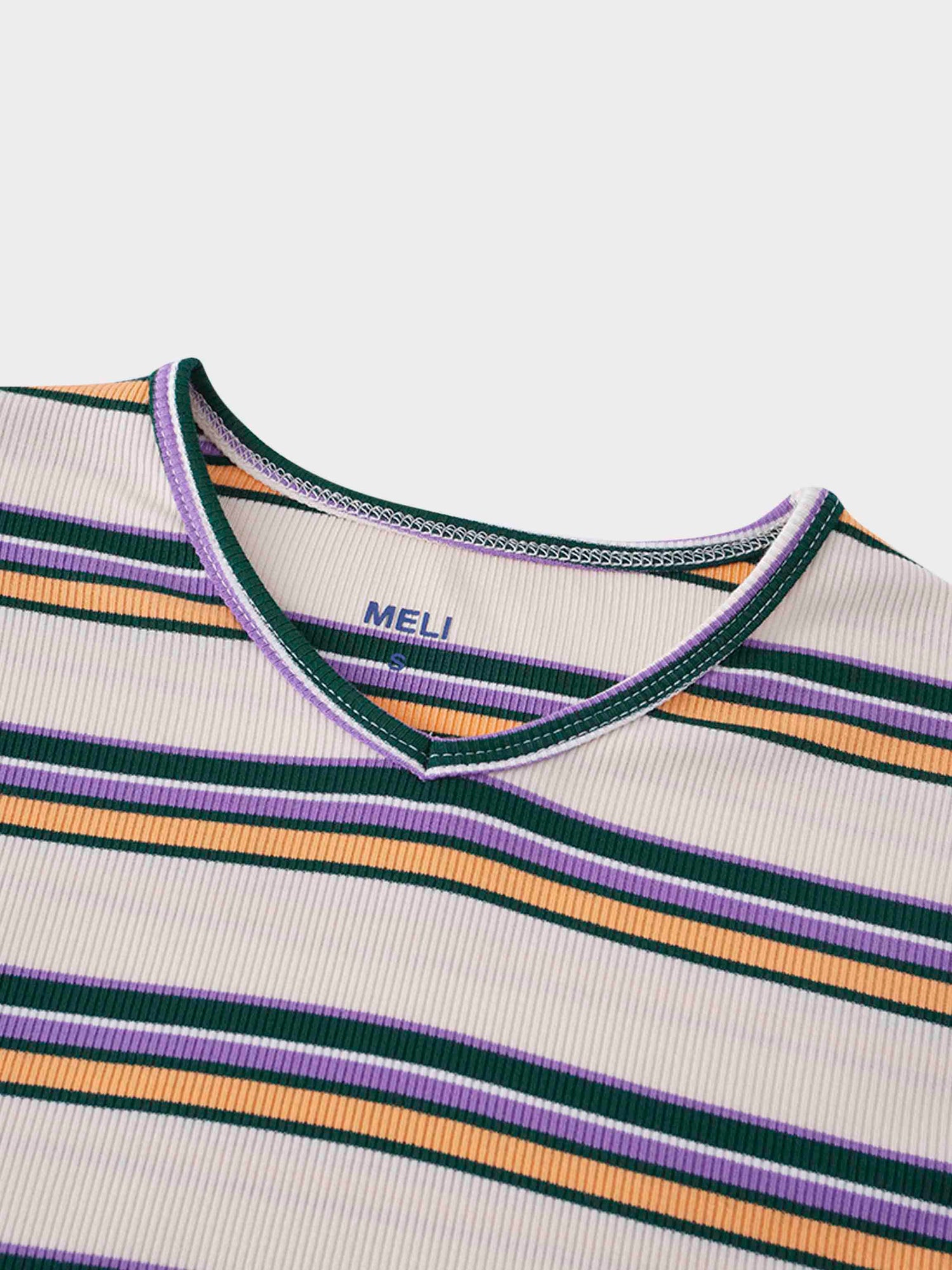 Ribbed Striped High V Tee Long Sleeve-Peach/Green