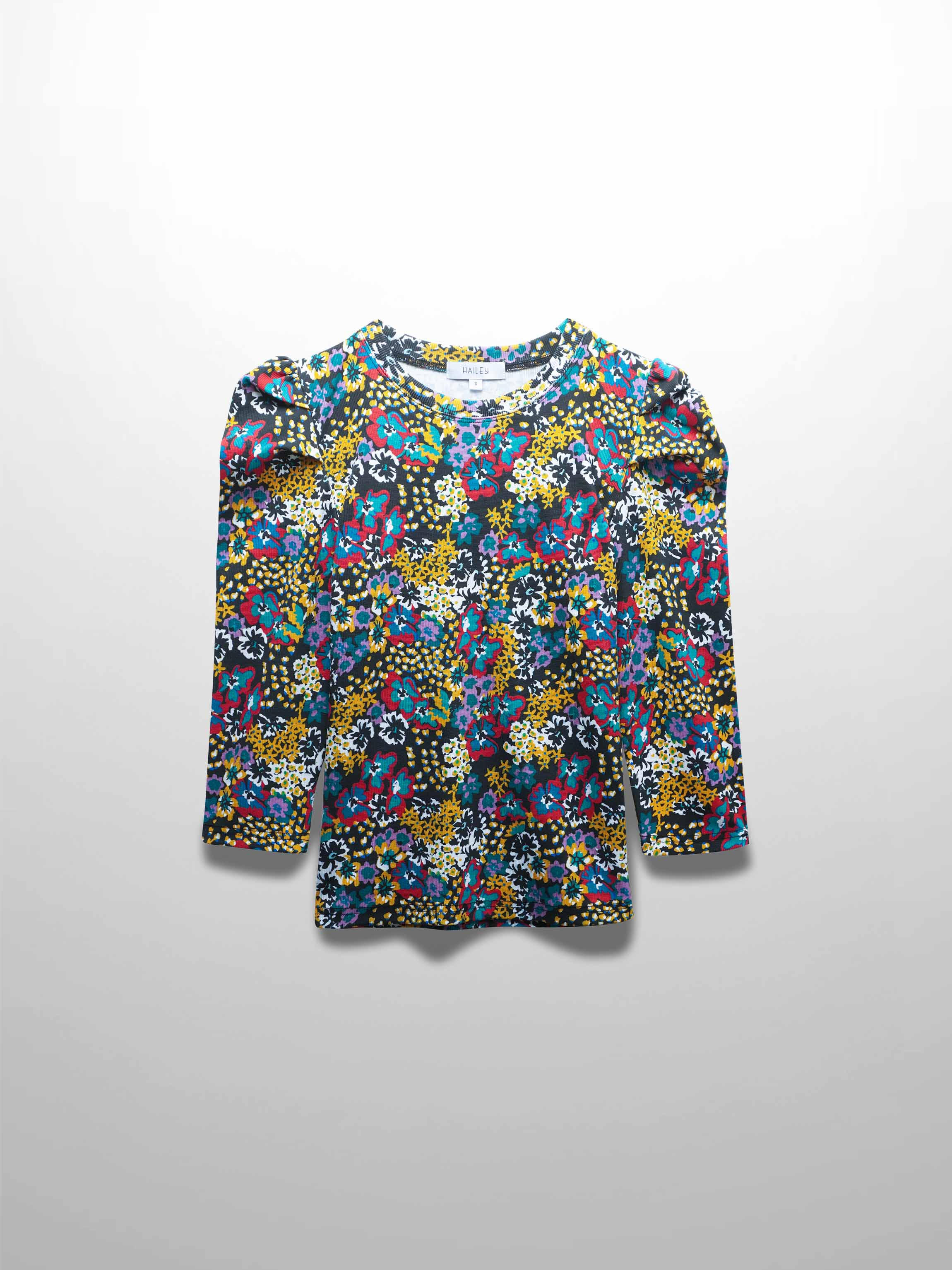 Ribbed Crew Neck Puff Sleeve Top-Colored Floral