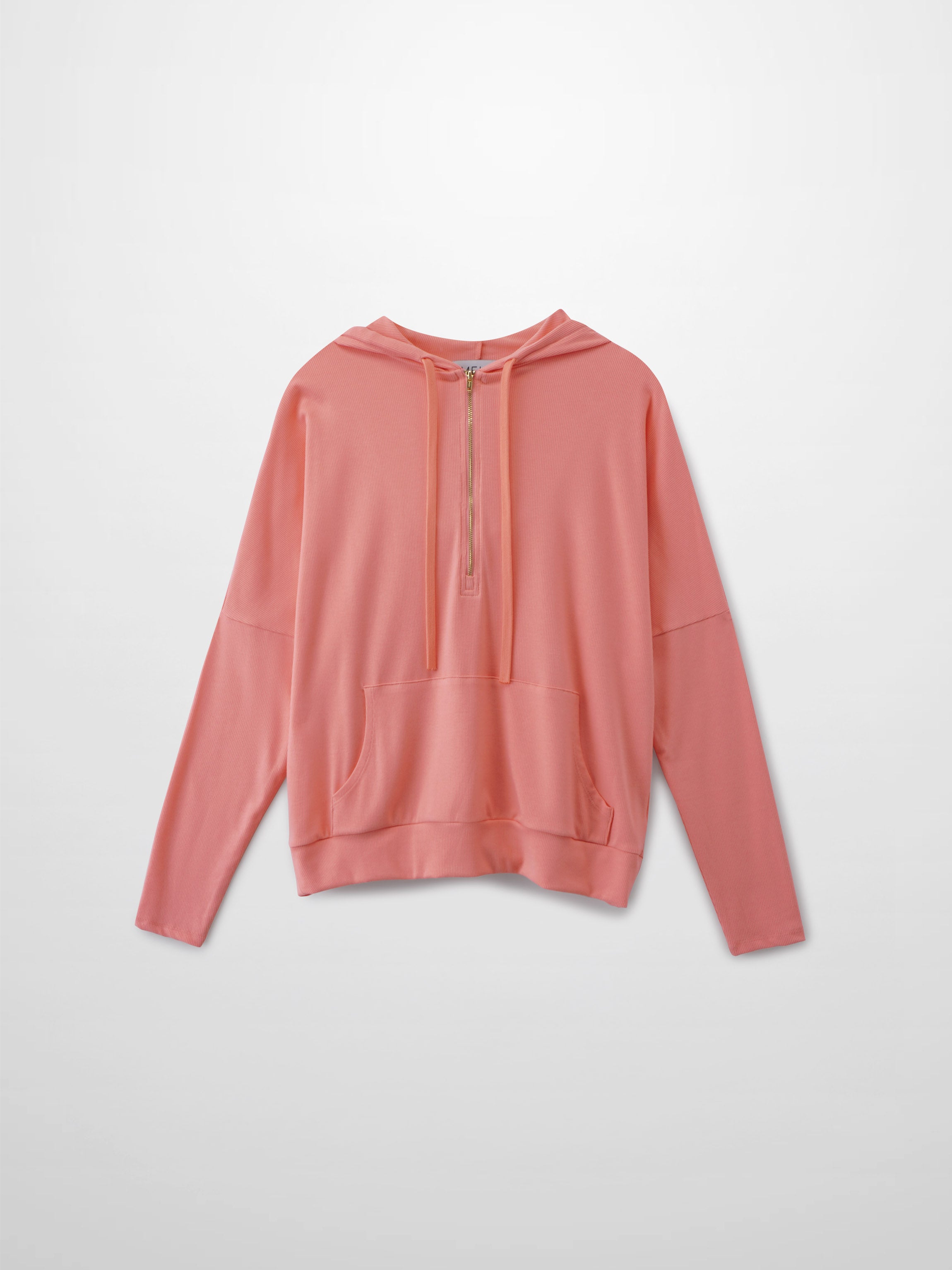 Ribbed Half Zip Hoodie Tee-Coral Pink