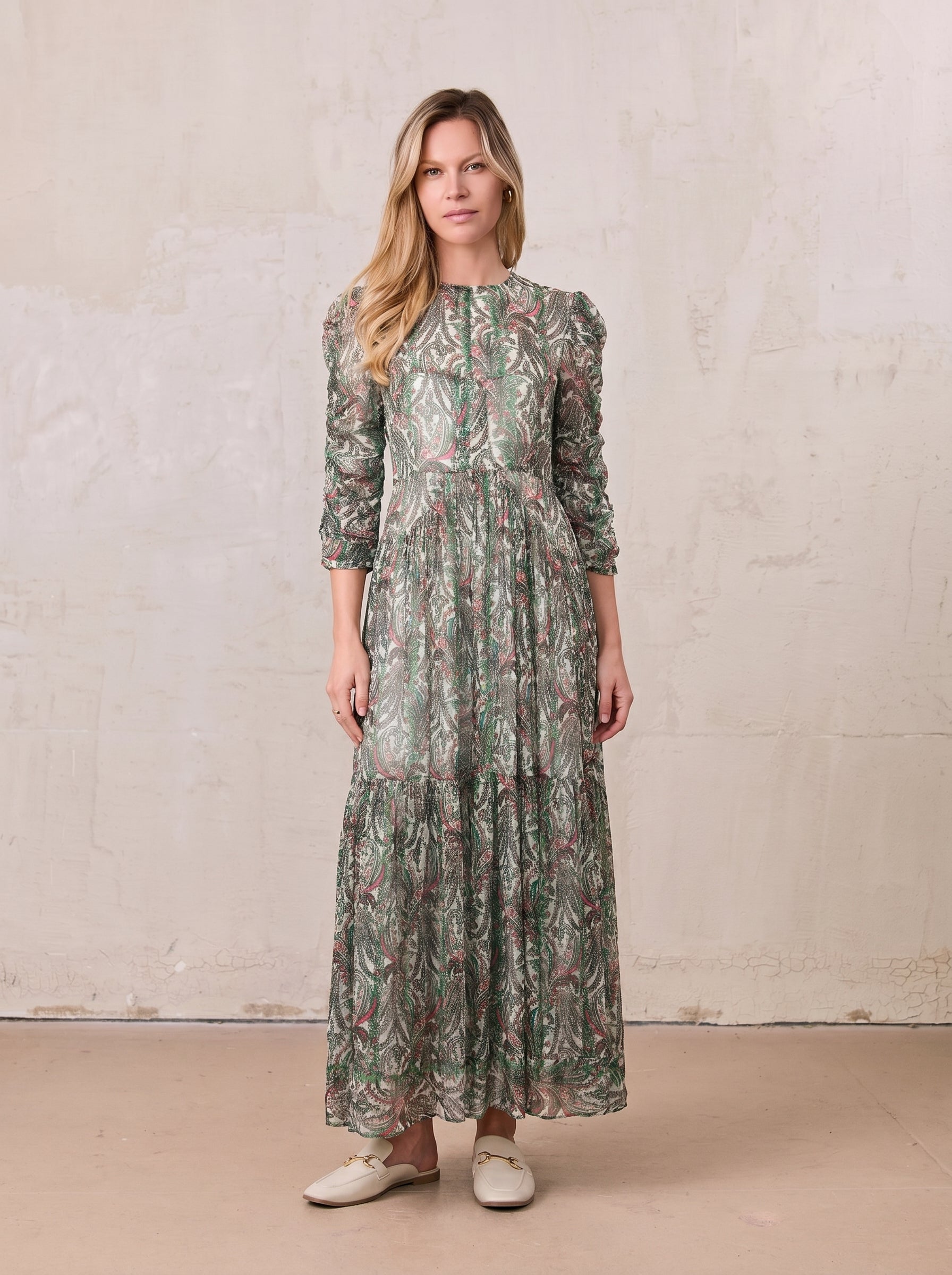 Shirred Sleeve Dress-Green Paisley