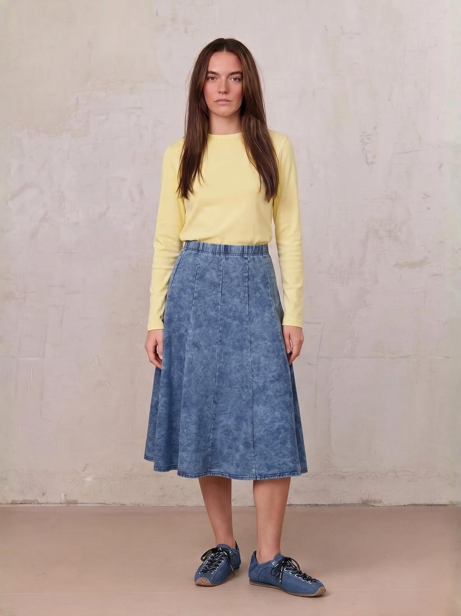 Paneled Flare Skirt 25"-Light Blue Wash
