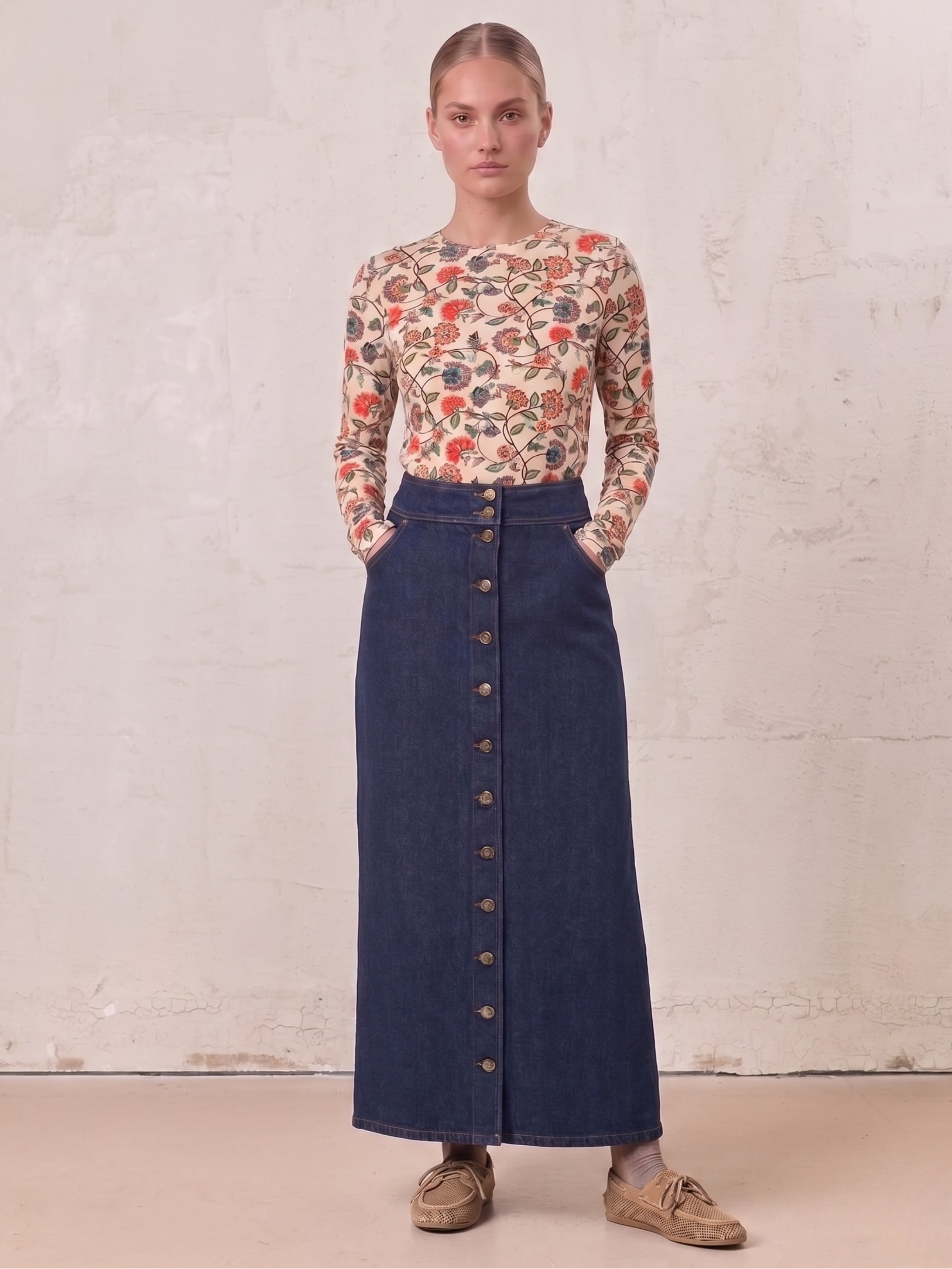 Button Down Denim Skirt-Deep Blue