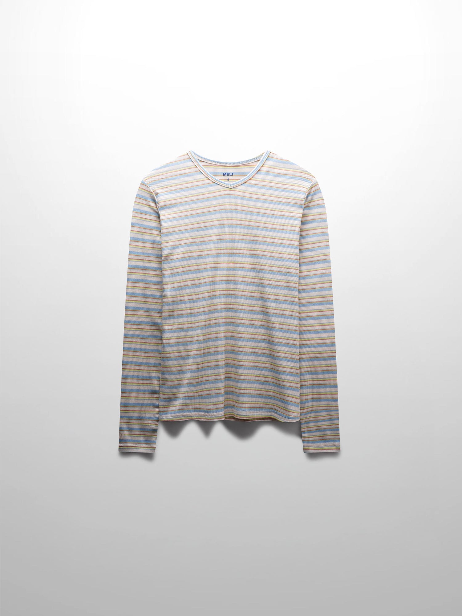 Ribbed Striped High V Tee Long Sleeve-Ivory/Light Blue