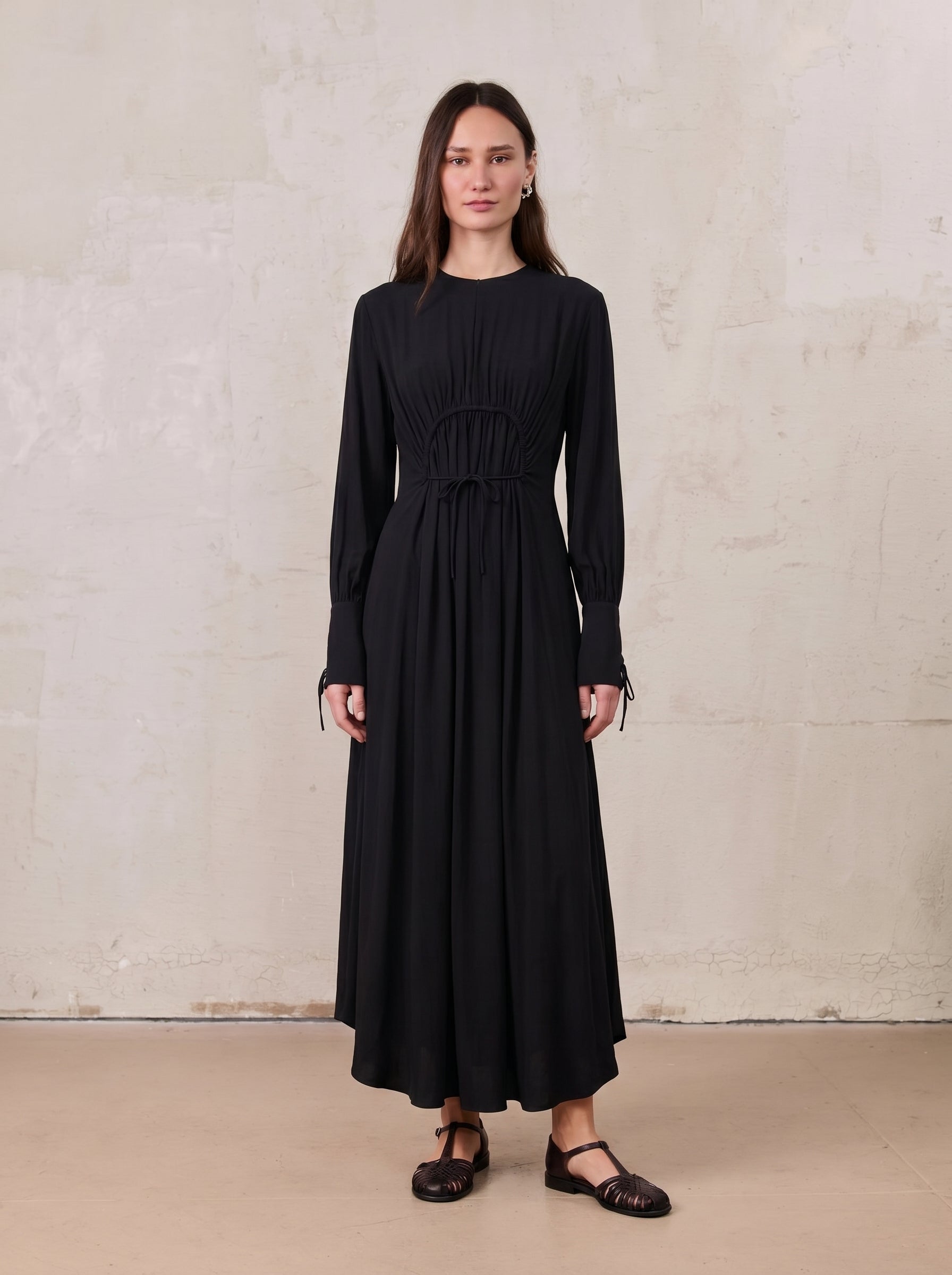 High Waist Drawstring Maternity Dress-Black