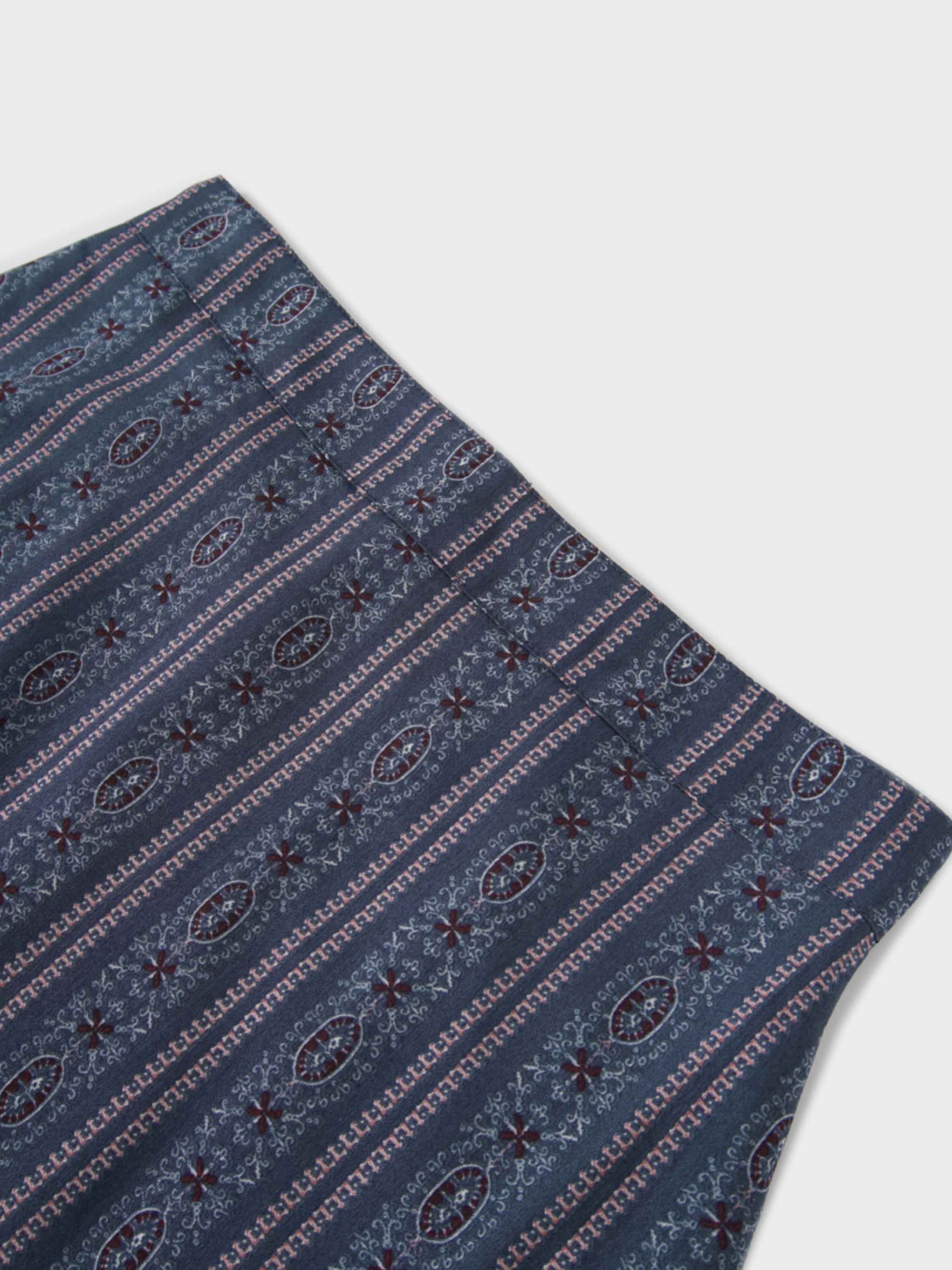 Pleat Bottom Flower Print Skirt-Blue Striped Medallion