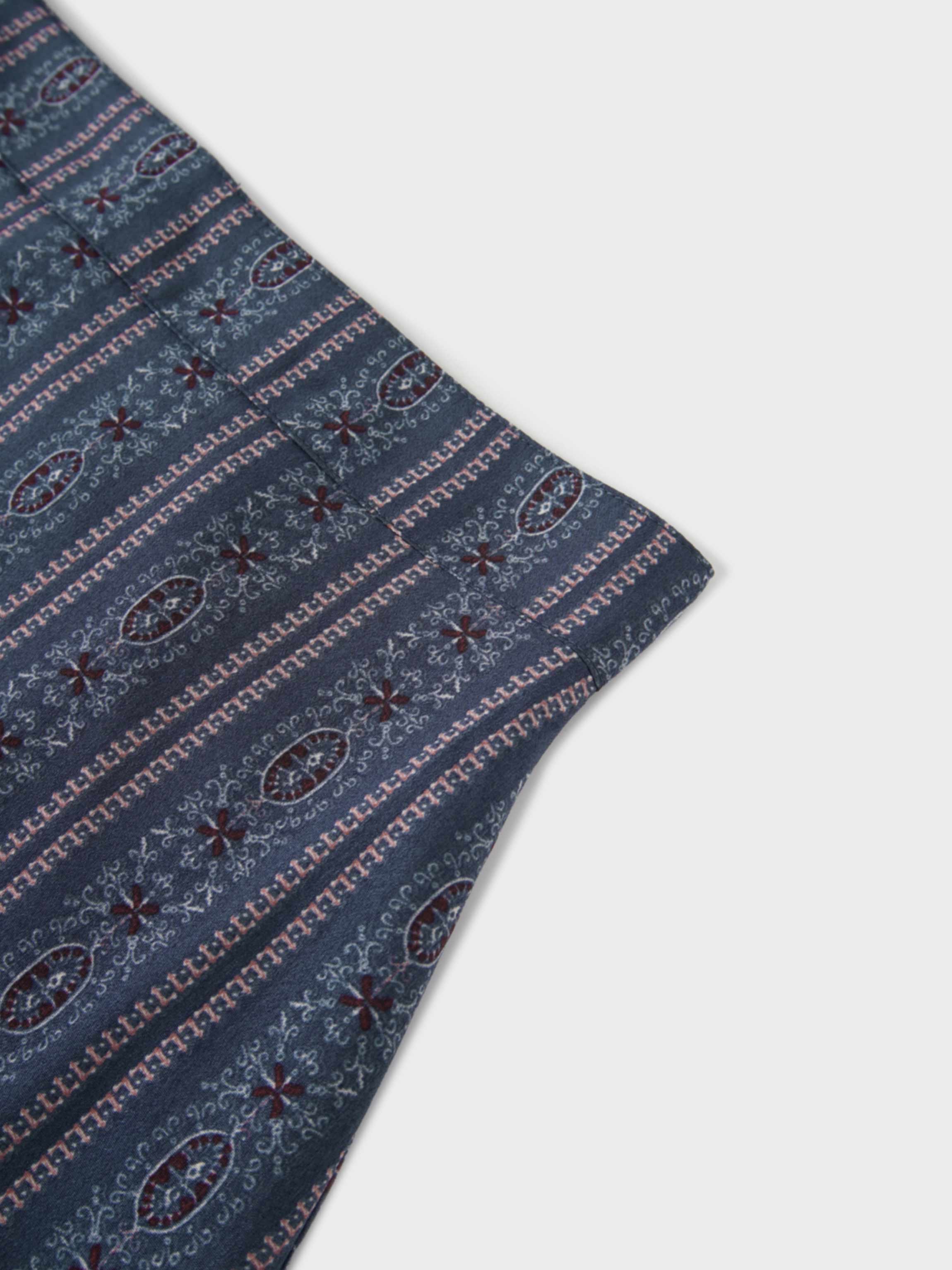 Pleat Bottom Flower Print Skirt-Blue Striped Medallion