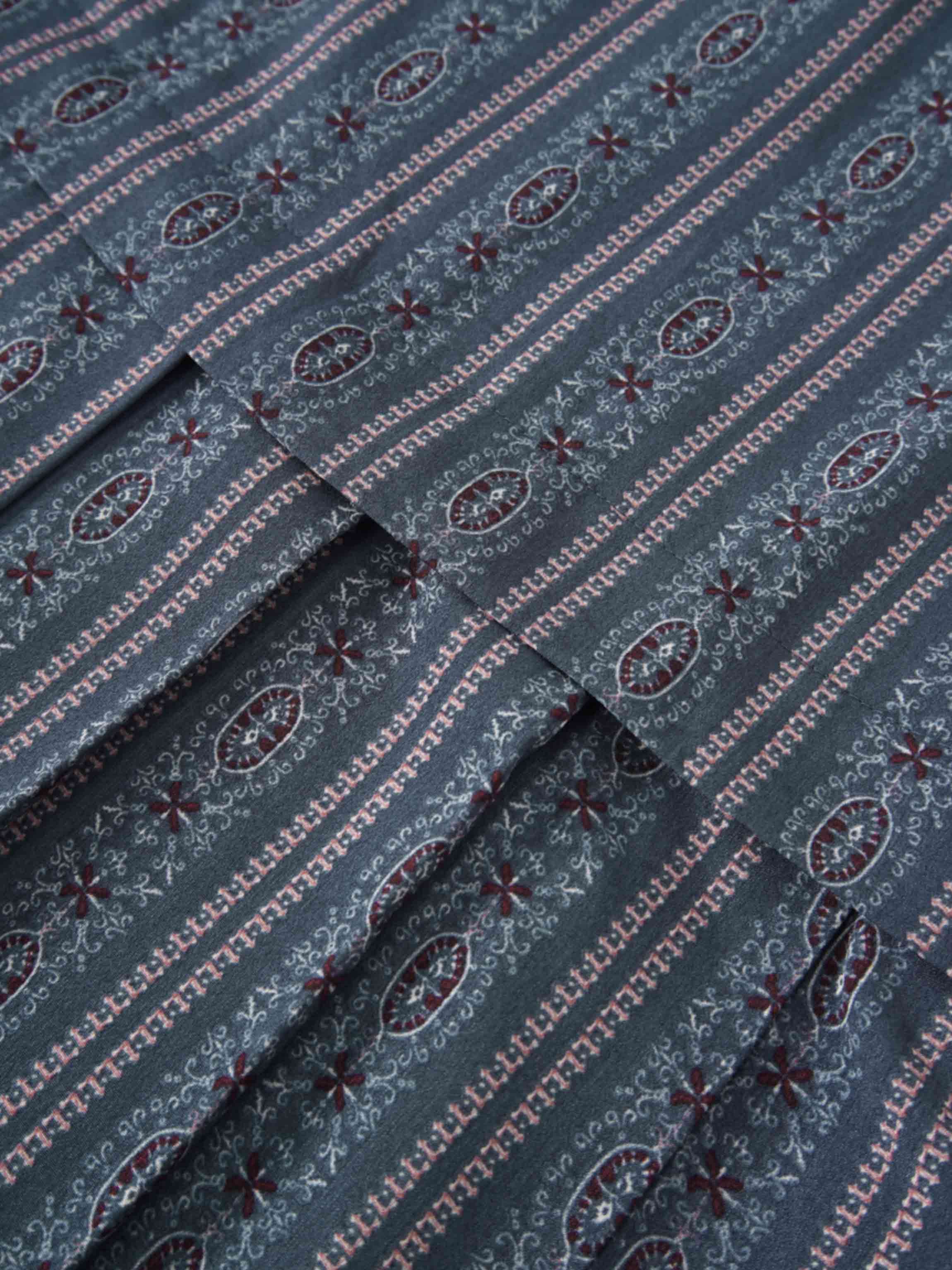 Pleat Bottom Flower Print Skirt-Blue Striped Medallion