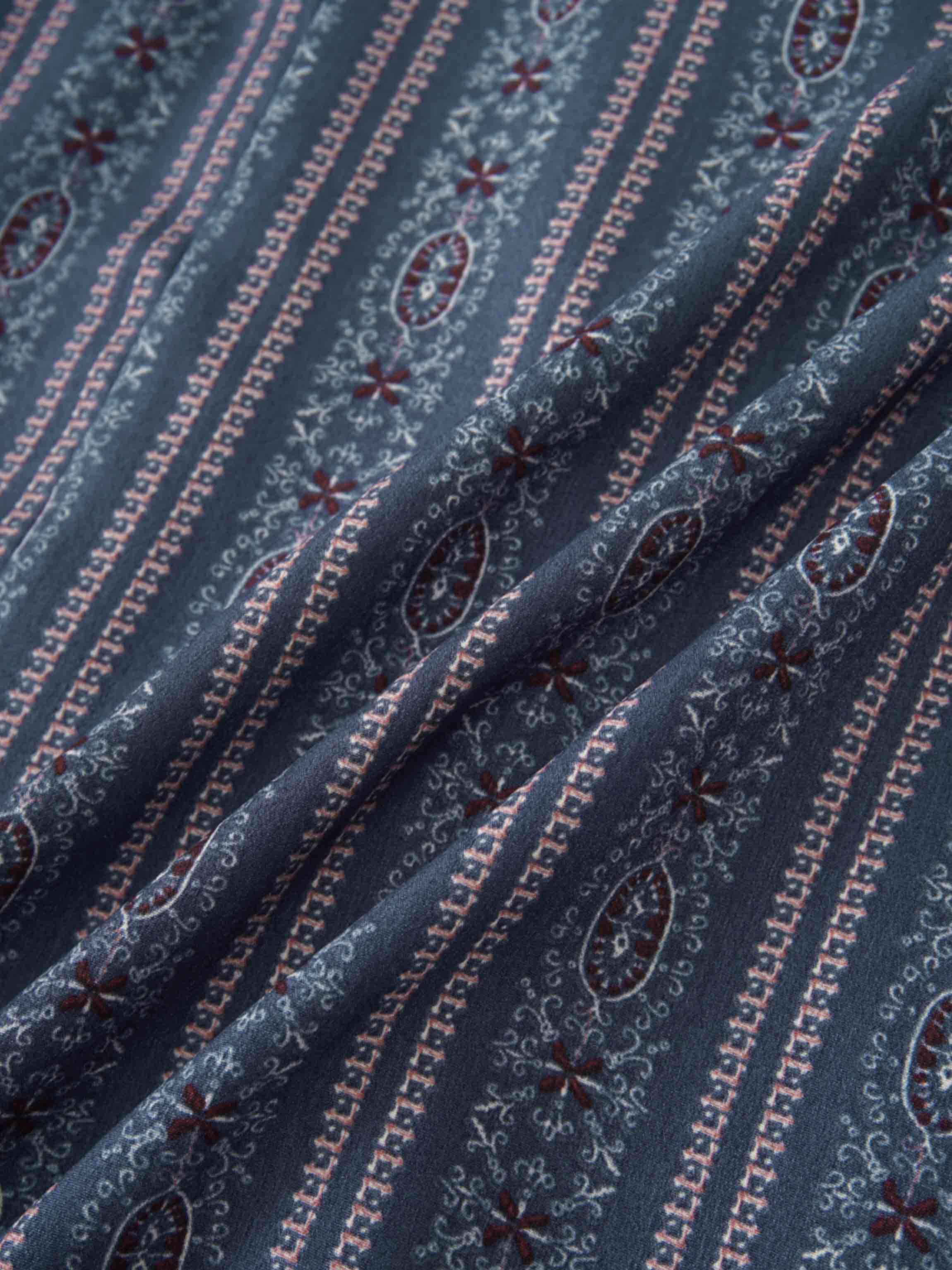 Pleat Bottom Flower Print Skirt-Blue Striped Medallion