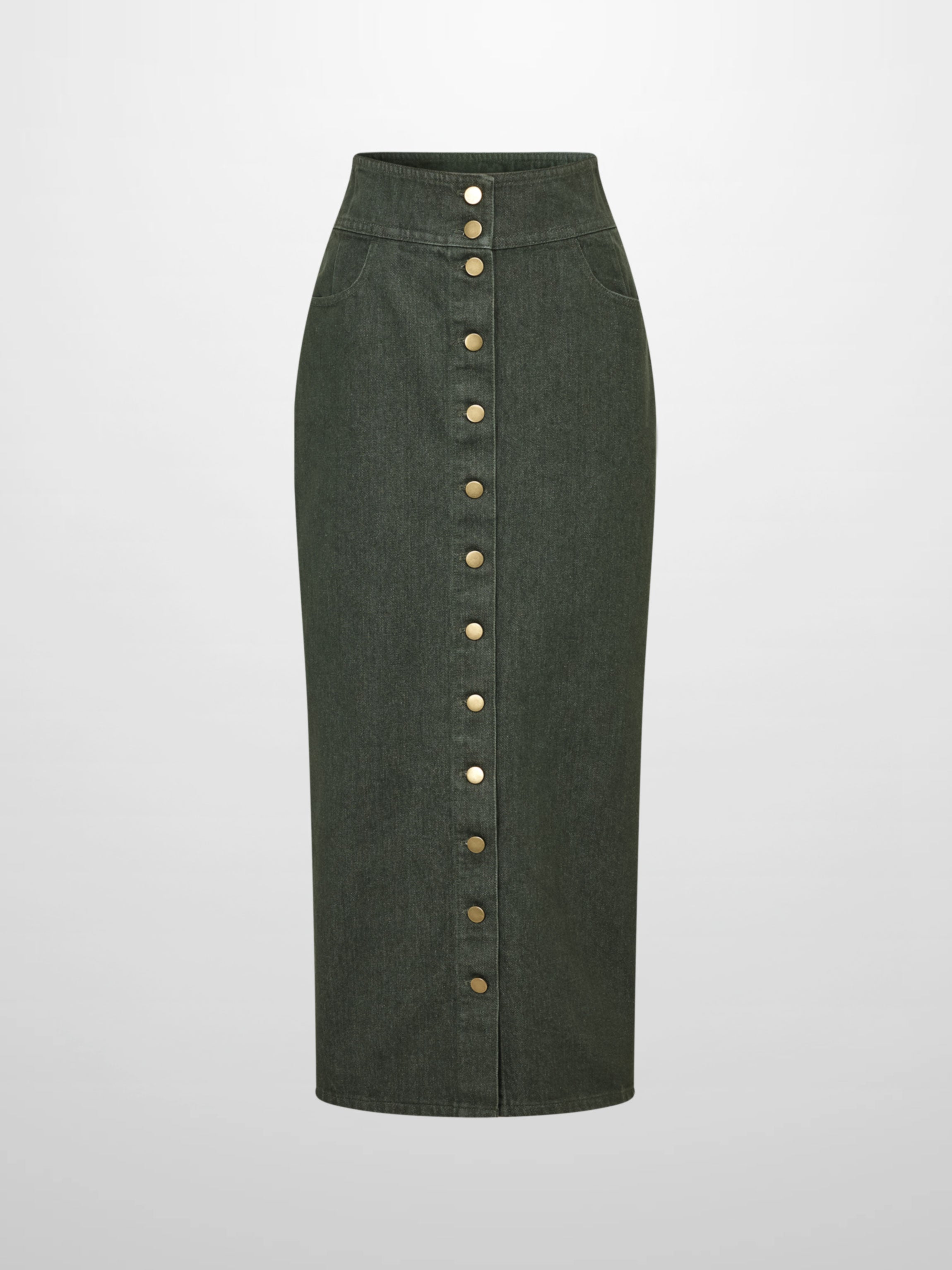 Button Down Straight Denim Skirt - Olive