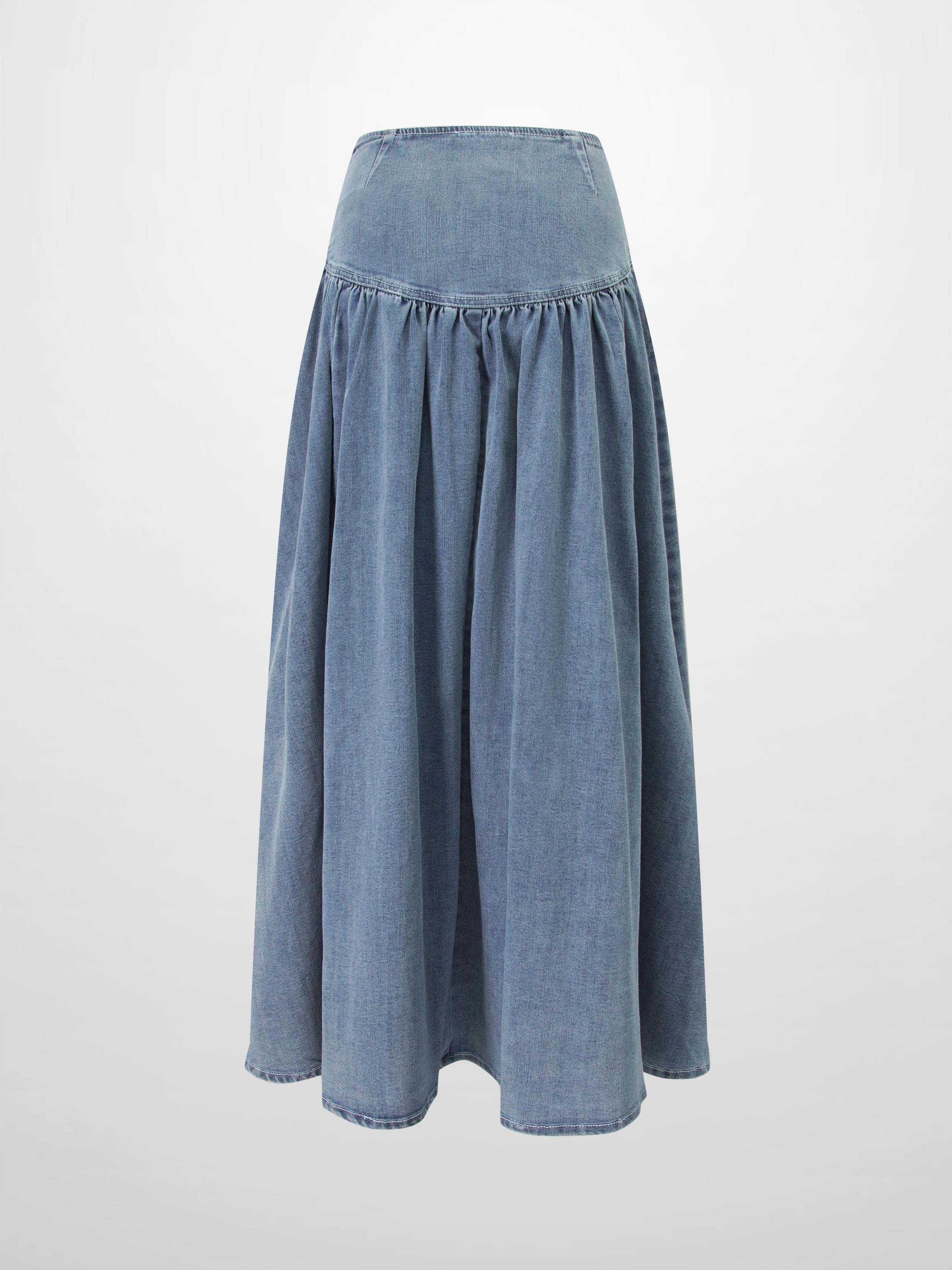 Washed Curved Yoke Denim Skirt-Light Blue