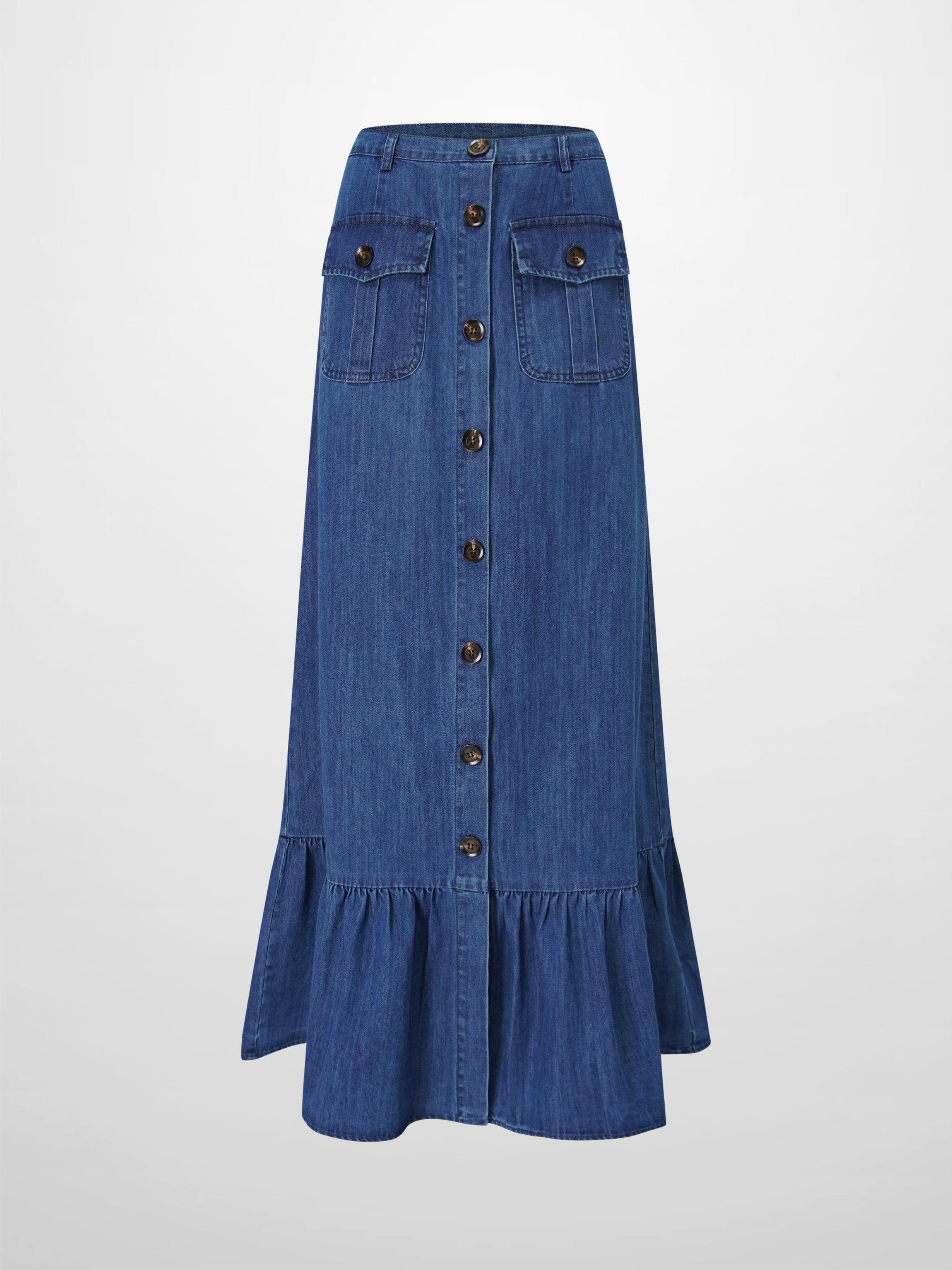 Bottom Ruffle Button Down Denim Skirt-Blue