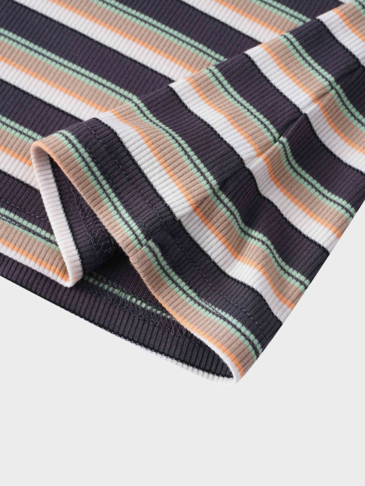 Ribbed Striped Crew 3/4 Sleeve-Brown/Ivory