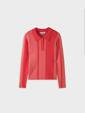 Mixed Stripe Polo Sweater-Coral