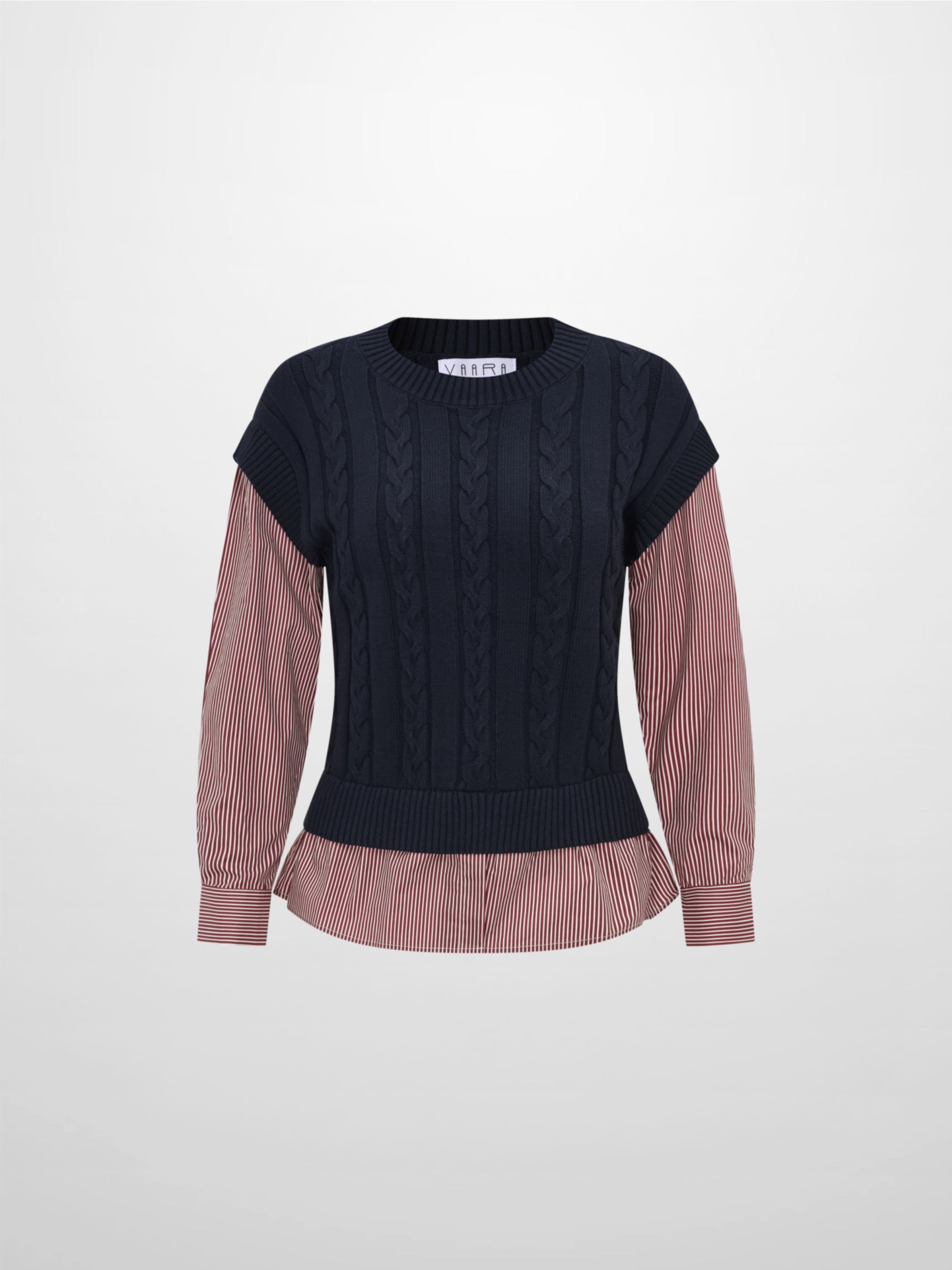 Striped Shirt Detail Sweater - Navy/Burgundy Stripe