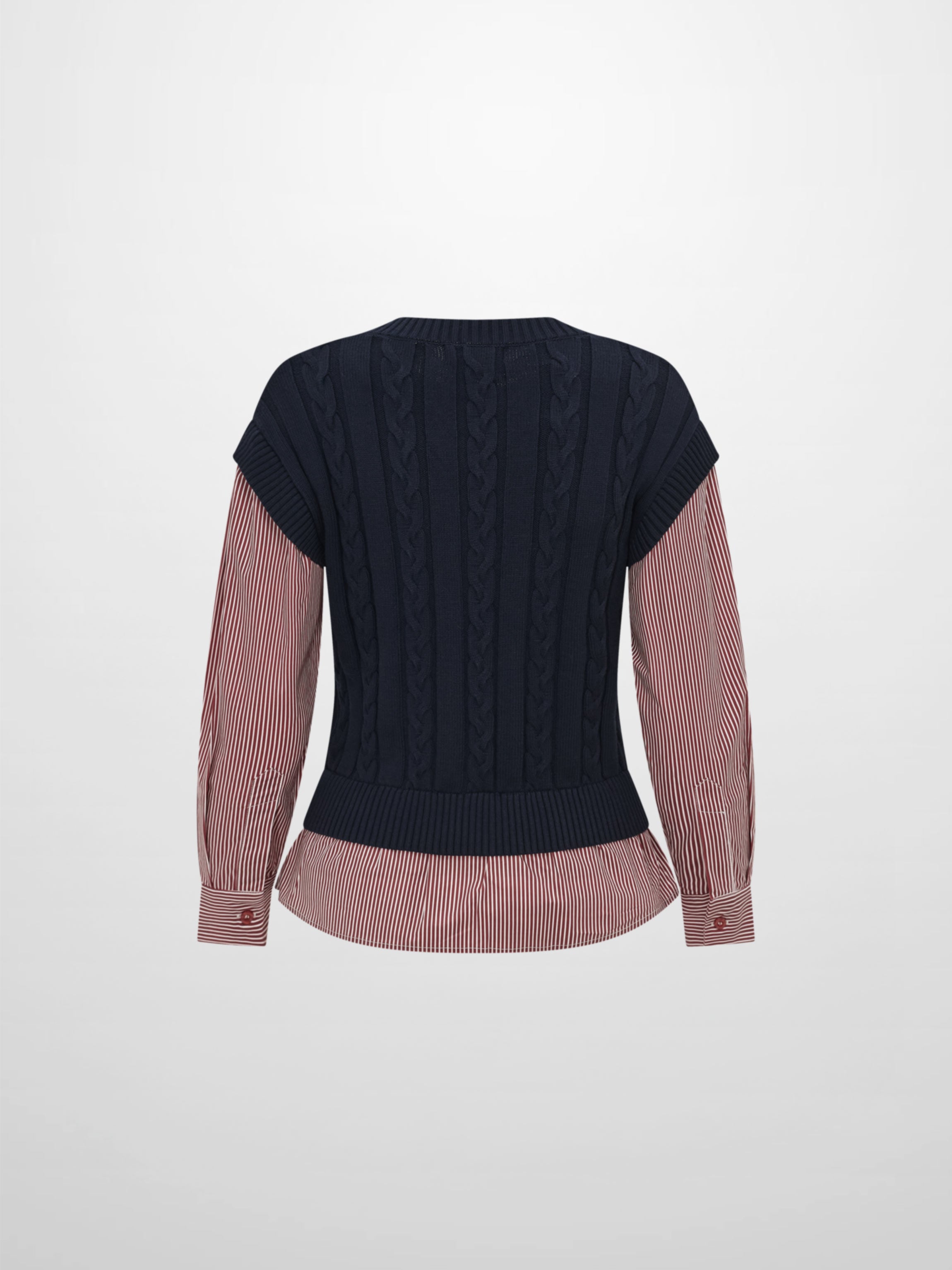 Striped Shirt Detail Sweater - Navy/Burgundy Stripe