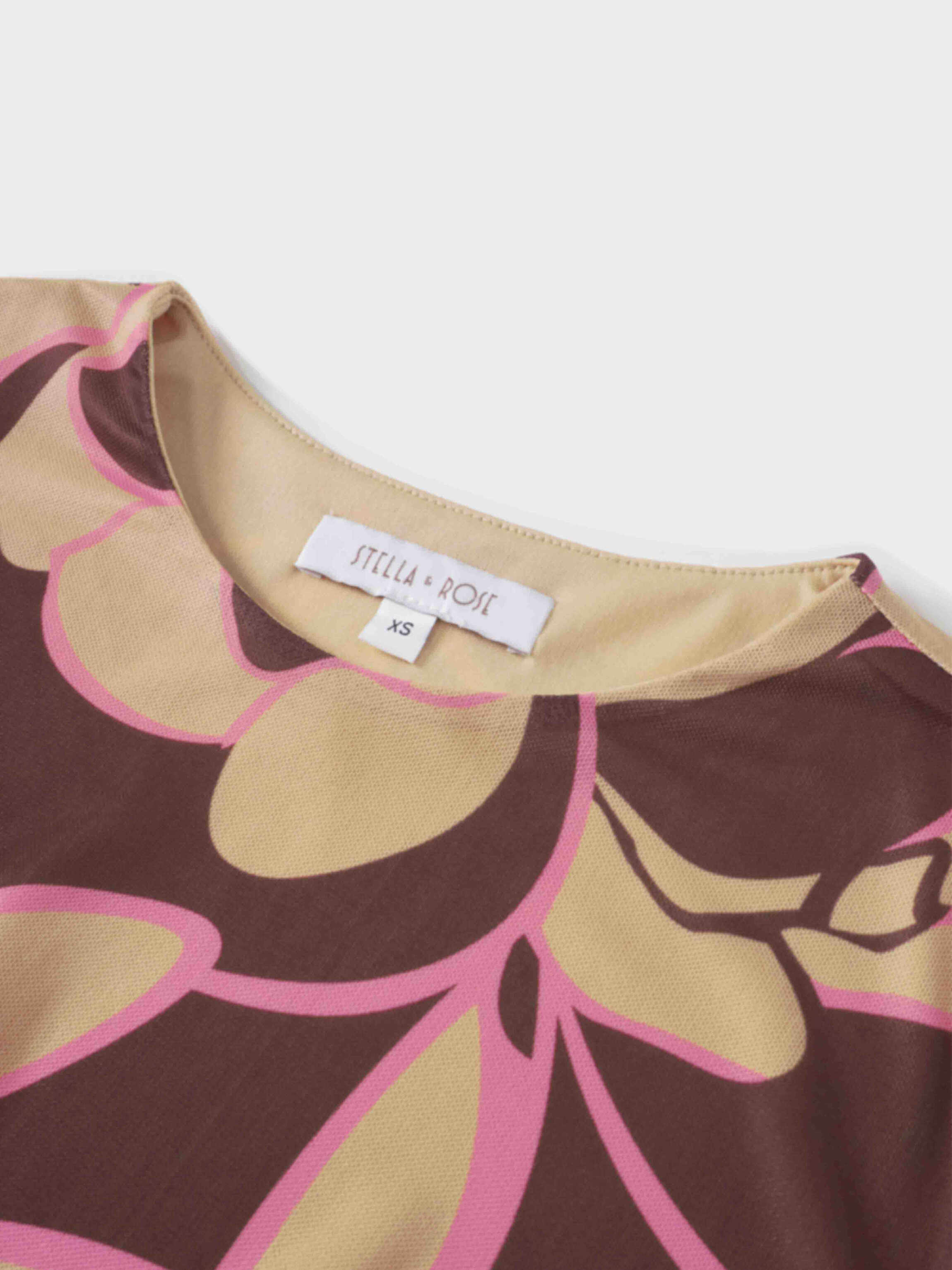 Crew Neck Printed Mesh Top-Peach Floral