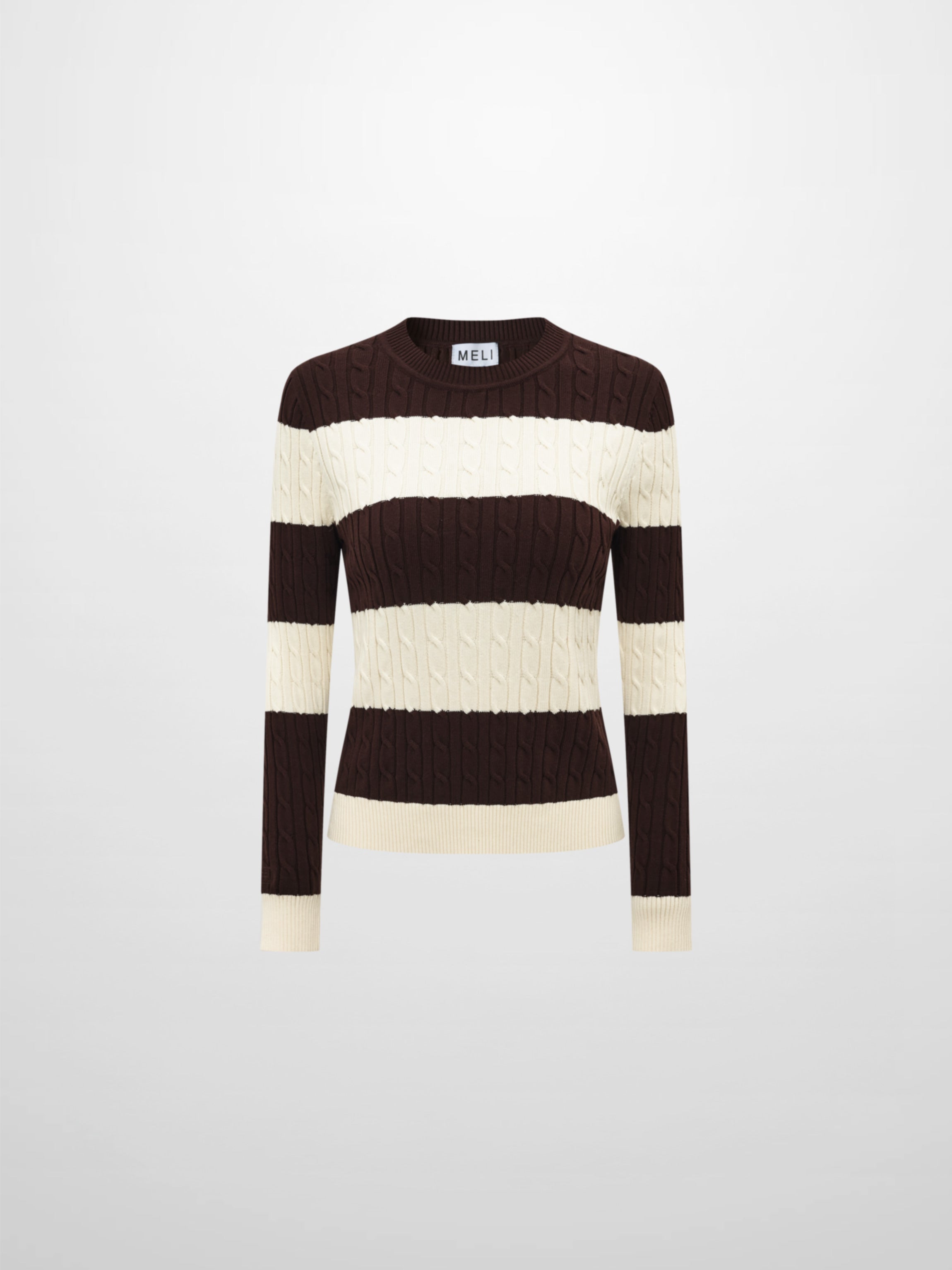 Wide Stripe Cable Knit Sweater - Cream/Brown