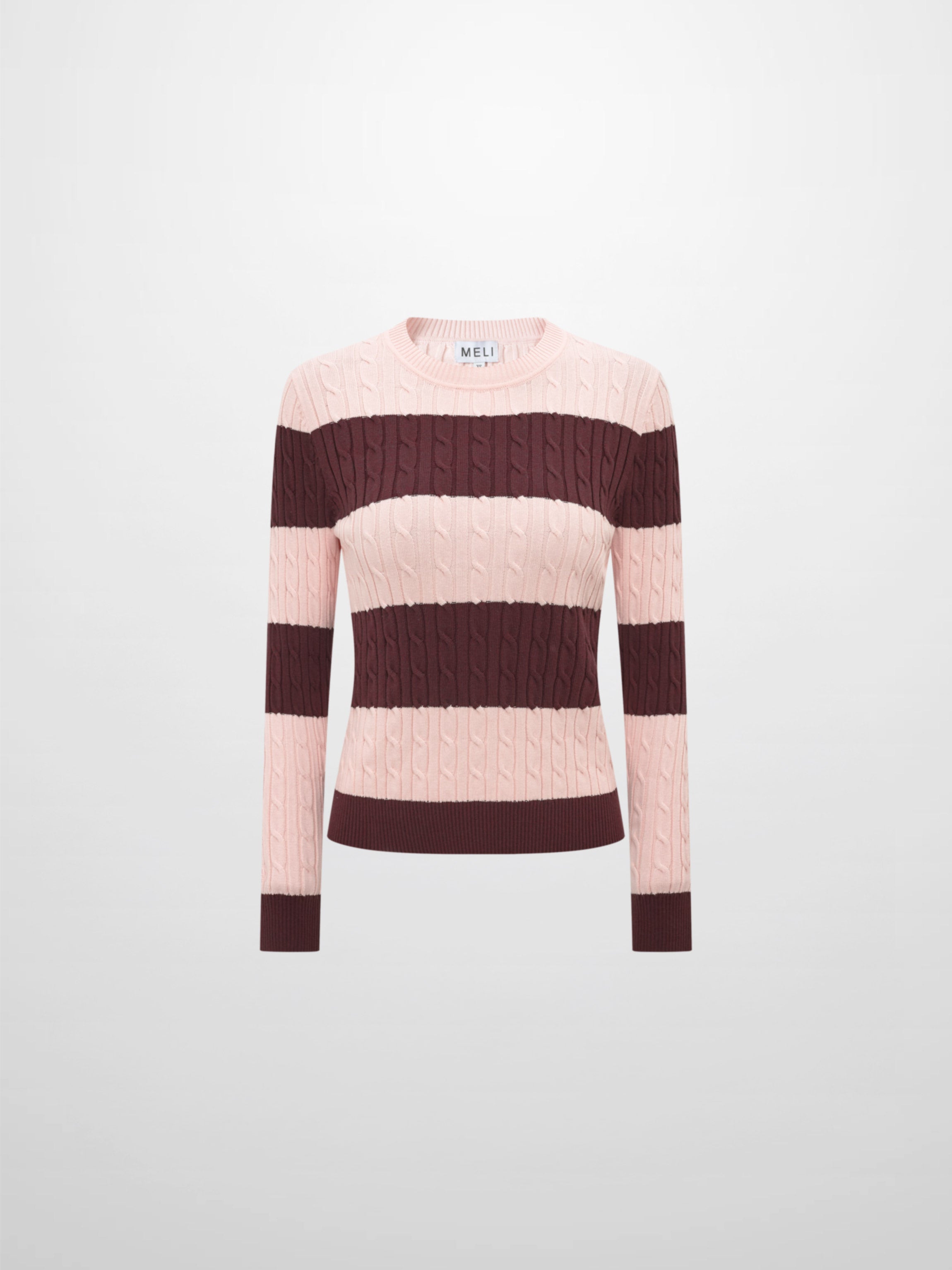 Wide Stripe Cable Knit Sweater - Burgundy/Pink