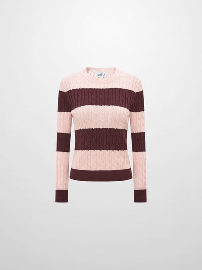 Wide Stripe Cable Knit Sweater - Burgundy/Pink